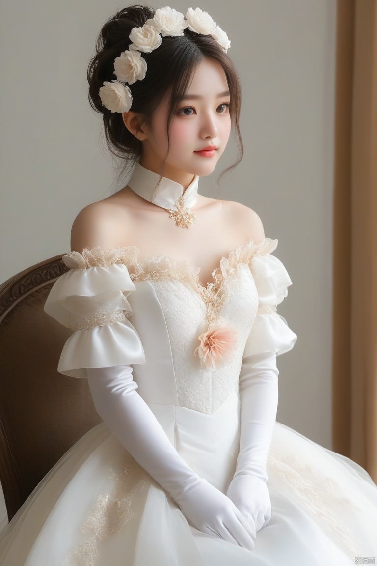  figure,masterpiece,best quality,1girl,solo,looking at viewer,white background,hair flower,black gloves,dress,alternate costume,bell,blush,sitting,detached sleeves,simple background,bare shoulders,open mouth,white flower,