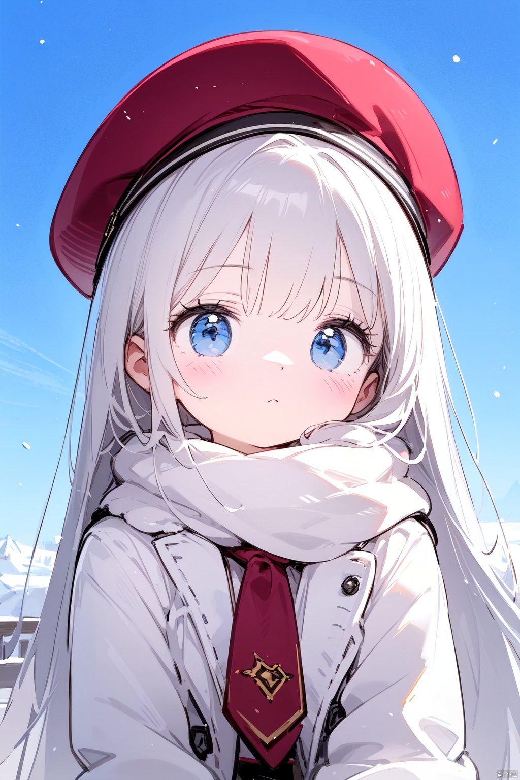 (sketch),solo,1girl,long hair,beret,knee boots,cotton boots,winter,upper body,looking_sky