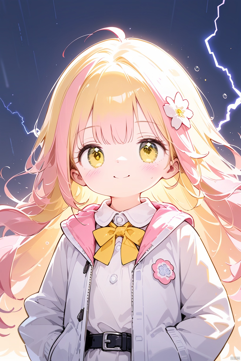 1girl,solo,cuty face,Beautiful detailed eye,upper body,ray tracing,Reflected light,(very detailed light),(Beautiful Lighting),(best quality), ((masterpiece)), (highres),(loli),(petite:1.4),(white open jacket:1.4),rain,shiny clothes,white collared shirt,hair flower,fipped hair,floating hair,(blonde electricity:1.4),light smile,hands in pockets,white dress,yellow bowtie,(Yellow eyes:1.2),(Pink hair:1.2),(solo),hair flowing over, messy hair, aura,long hair, lamppost,white belt,