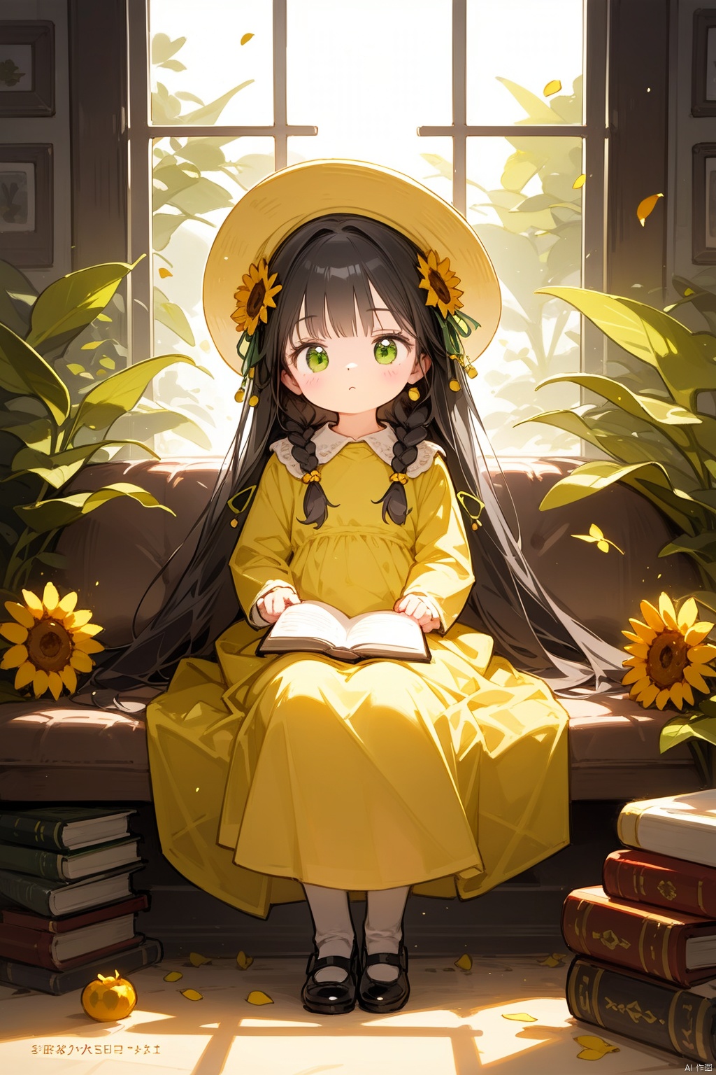1girl, bird, flower, long hair, grapes, black hair, sitting, solo, green eyes, pillar, fruit, book, hair ornament, food, hat, plant, dress, jewelry, long sleeves, green dress, vase, braid, railing, column, very long hair, book stack, watermark, beads, full body, sunflower, yellow dress, tassel, leaf