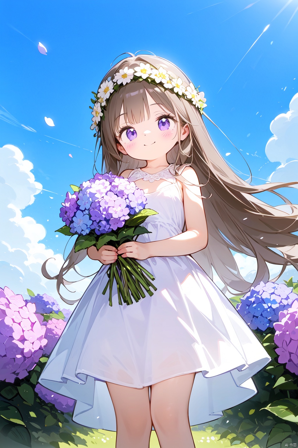 1girl, blue_flower, blue_sky, bouquet, breasts, brown_hair, closed_mouth, cloud, daisy, day, dress, field, flower, flower_field, grass, head_wreath, holding_bouquet, holding_flower, hydrangea, laurel_crown, lily_\(flower\), long_hair, looking_at_viewer, outdoors, petals, pink_flower, plant, purple_eyes, purple_flower, rose, sky, smile, solo, standing, sword, very_long_hair, white_dress, white_flower, white_rose, wreath