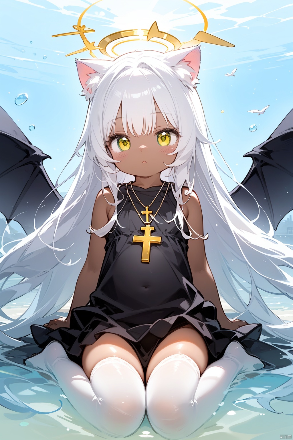 {masterpiece},white hair,yellow eyes,aqua eyes,stockings,dark skin,long hair,hime cut,messy hair,floating hair,demon wings,halo,cross necklace,holy,divinity,shine,holy light,cat girl,wariza