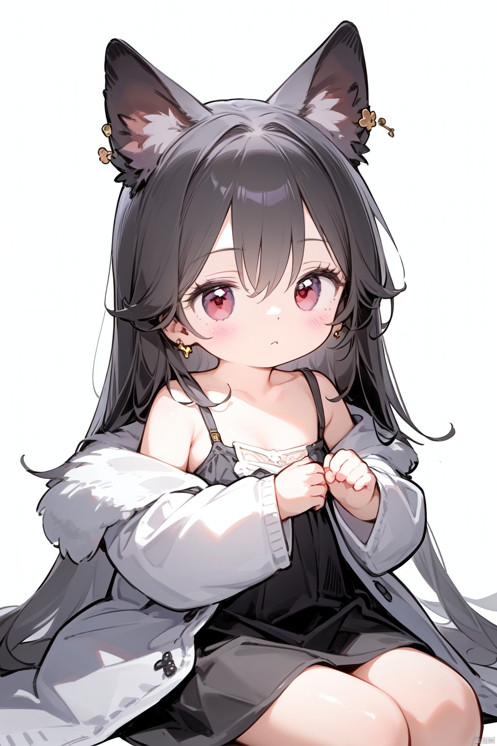 1girl, solo, long hair, looking at viewer, blush, bangs, skirt, simple background, shirt, black hair, red eyes, long sleeves, animal ears, hair between eyes, bare shoulders, sitting, closed mouth, collarbone, jacket, flower, open clothes, sleeveless, wide sleeves, black skirt, grey background, coat, head tilt, hands up, piercing, own hands together, ear piercing, purple flower, wrist scrunchie, erune