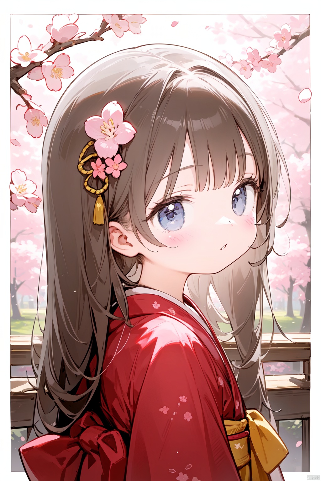 1girl, artist_name, bangs, blunt_bangs, border, branch, brown_hair, cherry_blossoms, flower, from_side, hair_flower, hair_ornament, japanese_clothes, kimono, long_hair, looking_at_viewer, looking_to_the_side, parted_lips, petals, red_kimono, solo, upper_body, white_border