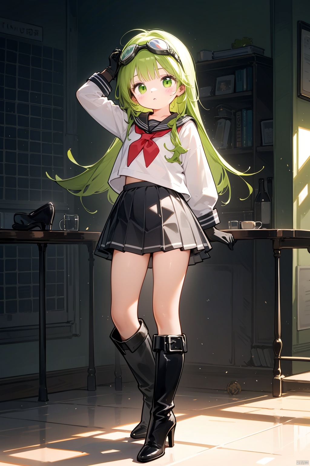 1girl, black_footwear, black_gloves, boots, eyewear_on_head, gloves, goggles, goggles_on_head, green_eyes, green_hair, gumi, high_heel_boots, high_heels, long_hair, pleated_skirt, power_lines, sailor_collar, serafuku, short_hair_with_long_locks, skirt, song_name