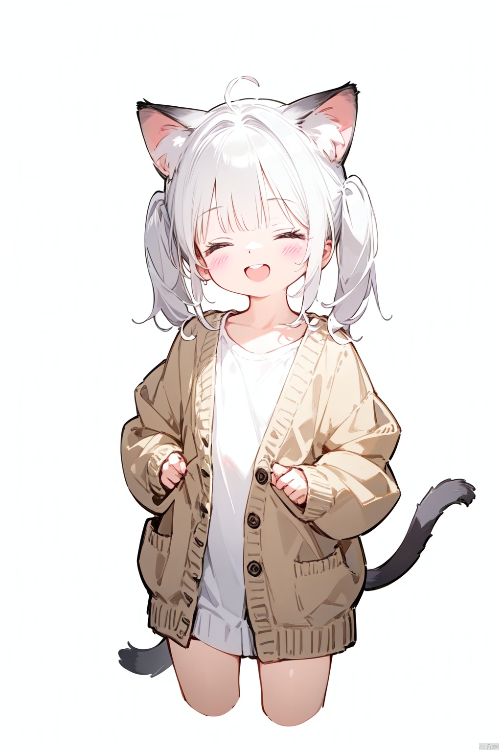 1girl, solo,catgirl,cat ears,cat tail,white hair, twintails, blush, smile, shirt, white shirt, long shirt, ^ ^, brown cardigan, cardigan, closed eyes, collarbone, cropped legs, long sleeves, sleeves past fingers, sleeves past wrists, upper teeth only, teeth, white background