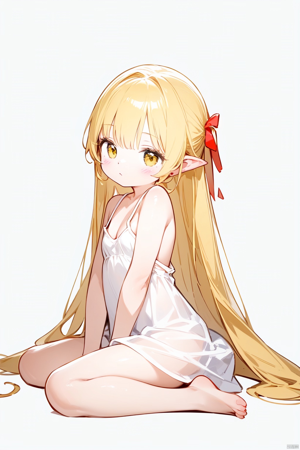 1girl, solo, long_hair, oshino_shinobu, blonde_hair, dress, barefoot, white_dress, sitting, pointy_ears, very_long_hair, ribbon, strap_slip, breasts, simple_background, wariza, looking_at_viewer, bare_shoulders, bangs, blush, sleeveless, sleeveless_dress, orange_eyes, yellow_eyes, red_ribbon, closed_mouth, cleavage, full_body, hand_between_legs, between_legs, small_breasts, from_side