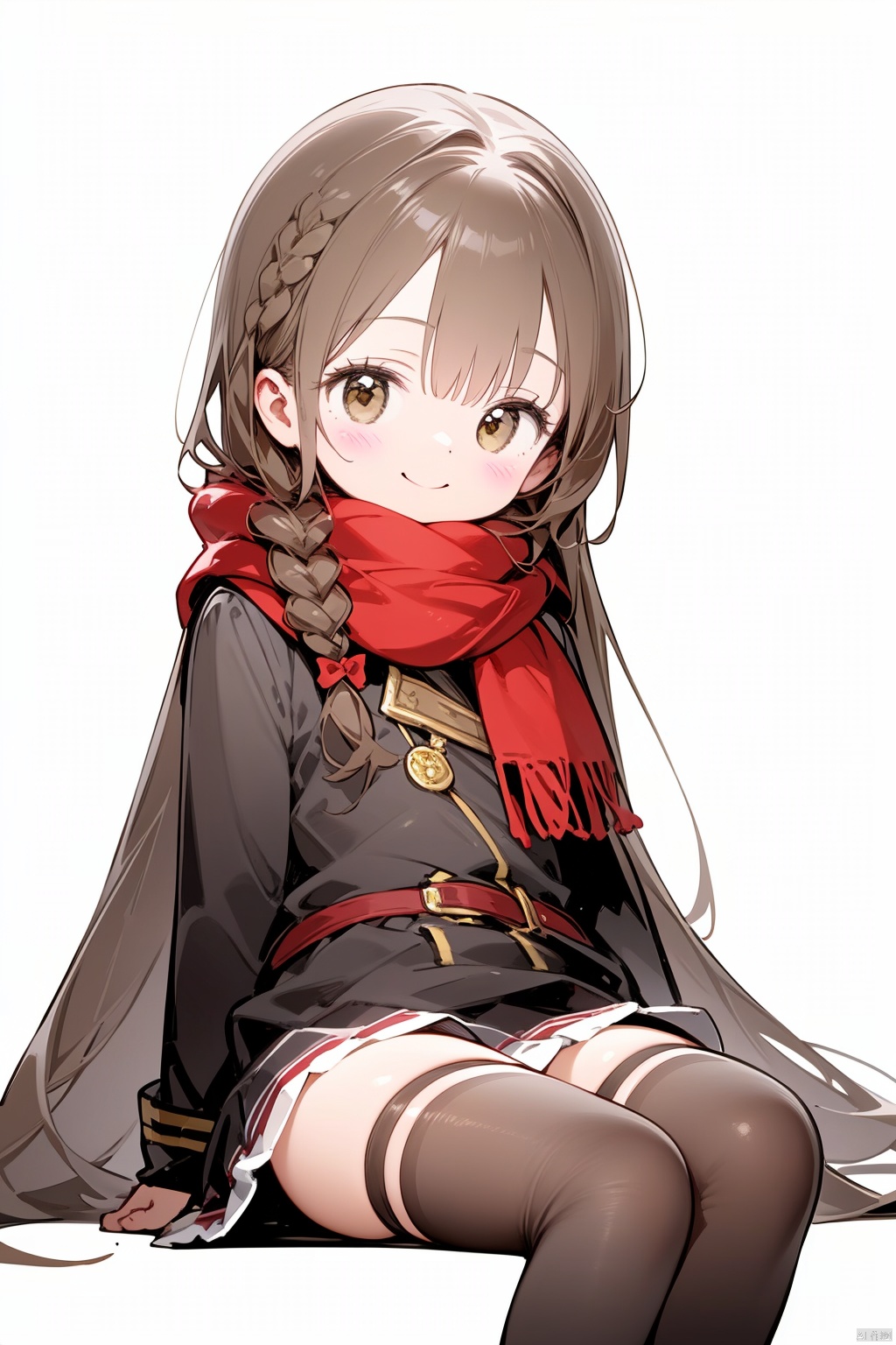 1girl, asuna_\(sao\), black_legwear, blush, braid, brown_eyes, brown_hair, long_hair, looking_at_viewer, red_scarf, scarf, simple_background, sitting, smile, solo, thighhighs, white_background, zettai_ryouiki