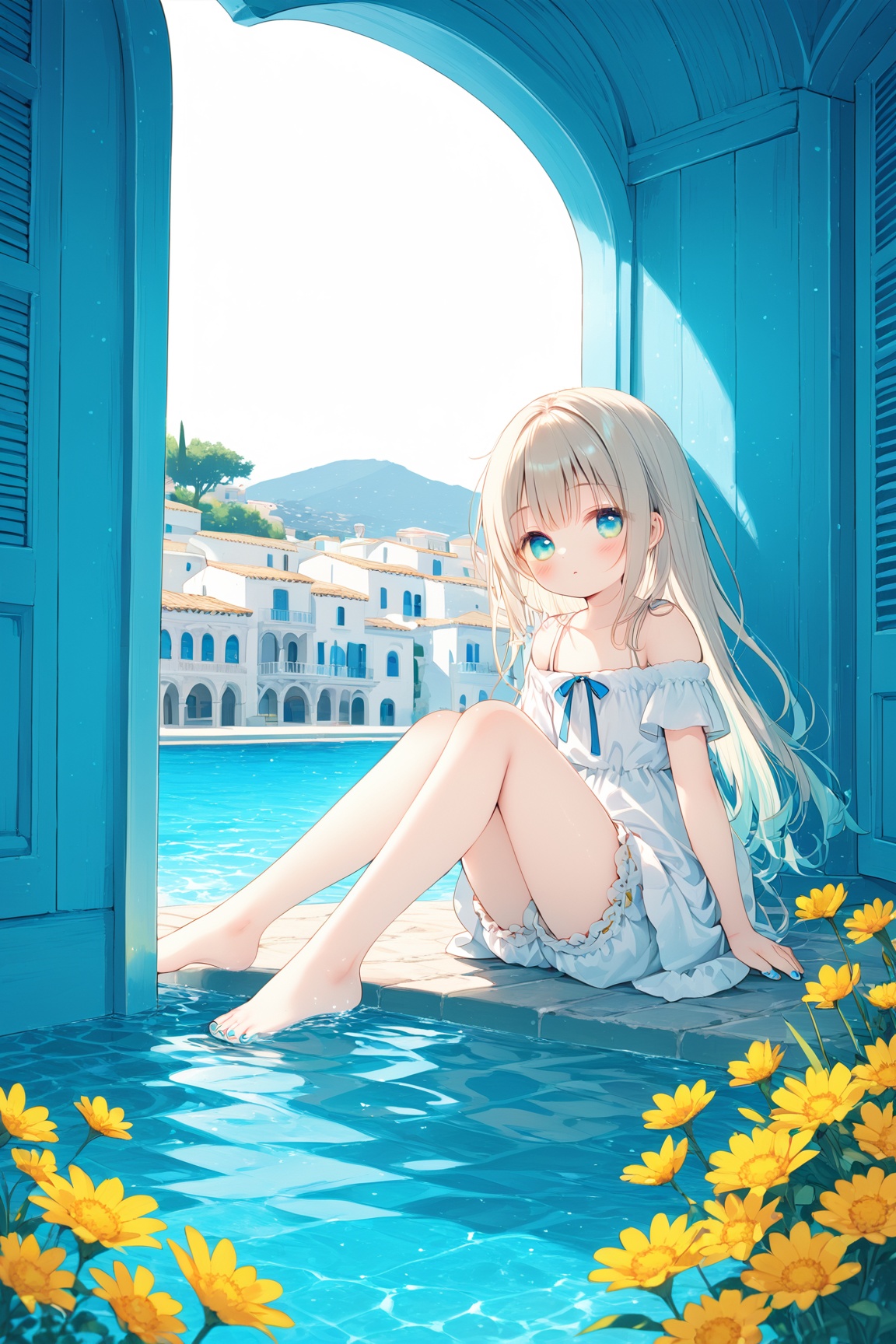 (masterpiece),(best quality),illustration,ultra detailed,hdr,Depth of field,(colorful),loli,Yellow flowers,Blue wall,Closed windows,excess surface water,Mediterranean style architecture,1girl,barefoot,blue_nails,toenails,bloomers,solo,aqua_nails,feet,long_hair,linen hair,bare legs,barefoot,bare legs,sit on the ground,White off-shoulder dress,Silk skirt,<lora:YoRHa 1.3-000030:0.5>,