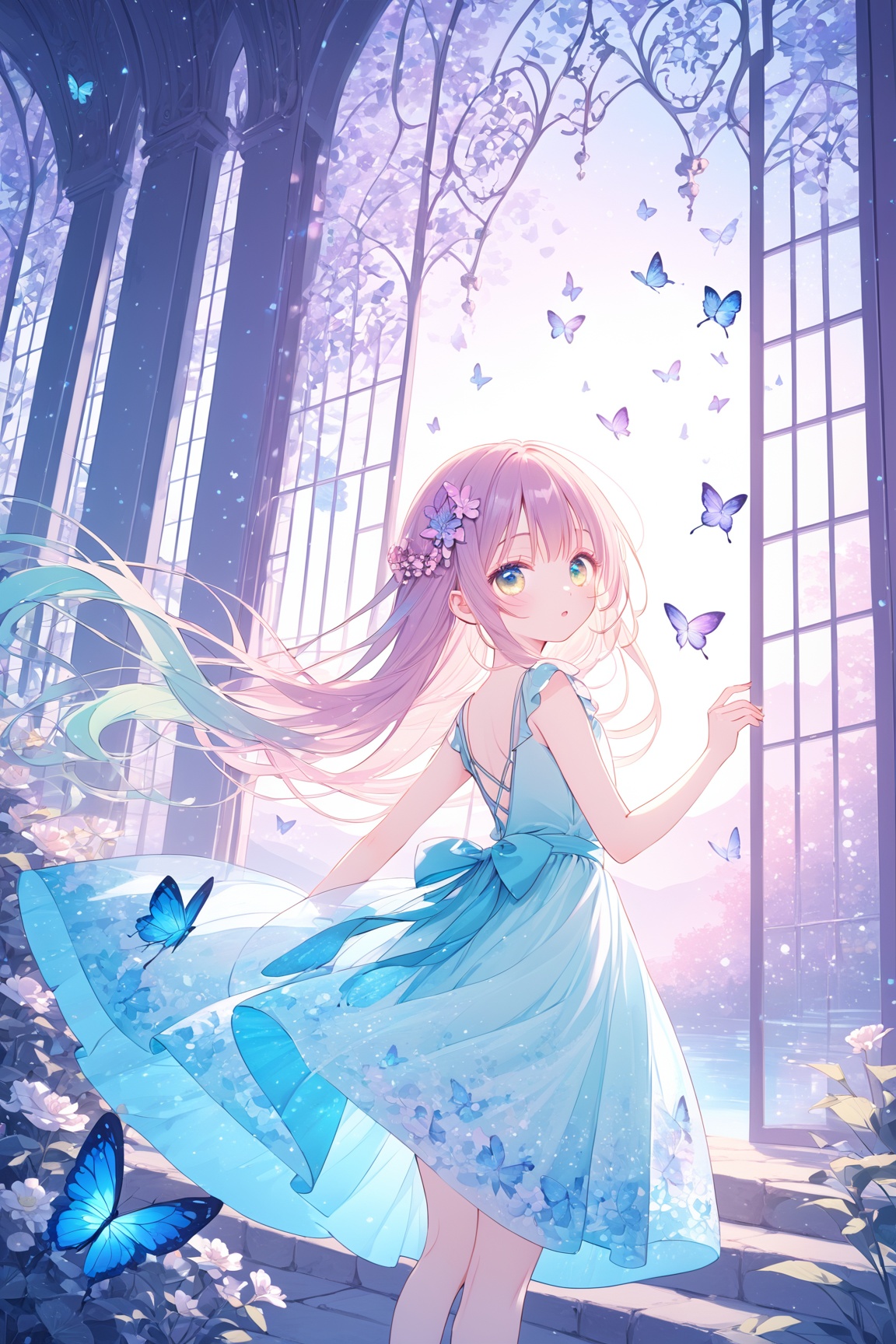 best quality,masterpiece,anime style,female character,pastel colors,flowing hair,flower accessories,whimsical,ethereal,looking back pose,large eyes,light effects,semi-transparent fabrics,playful expression,decorative patterns,fantasy,butterflies,sparkling,high saturation,vertical composition,vibrant textures,outdoor setting,<lora:YoRHa 1.3-000030:0.5>,