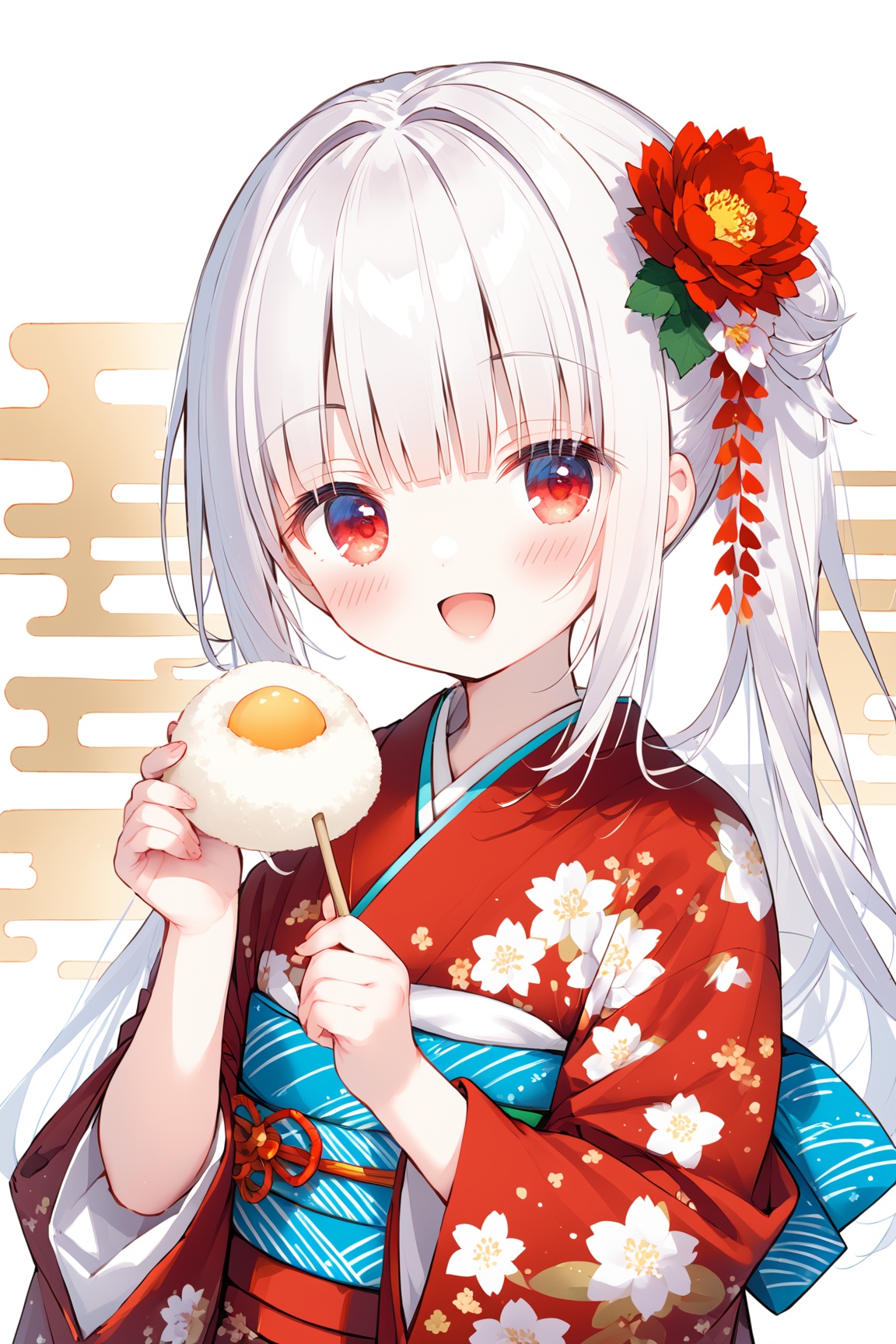 1girl,loli,solo,long hair,looking at viewer,blush,smile,open mouth,bangs,hair ornament,red eyes,long sleeves,holding,upper body,flower,white hair,:d,food,japanese clothes,hair flower,wide sleeves,blunt bangs,kimono,sash,obi,hair intakes,floral print,red flower,red kimono,print kimono,wagashi,egasumi,mochi,<lora:YoRHa 1.3-000030:0.5>,