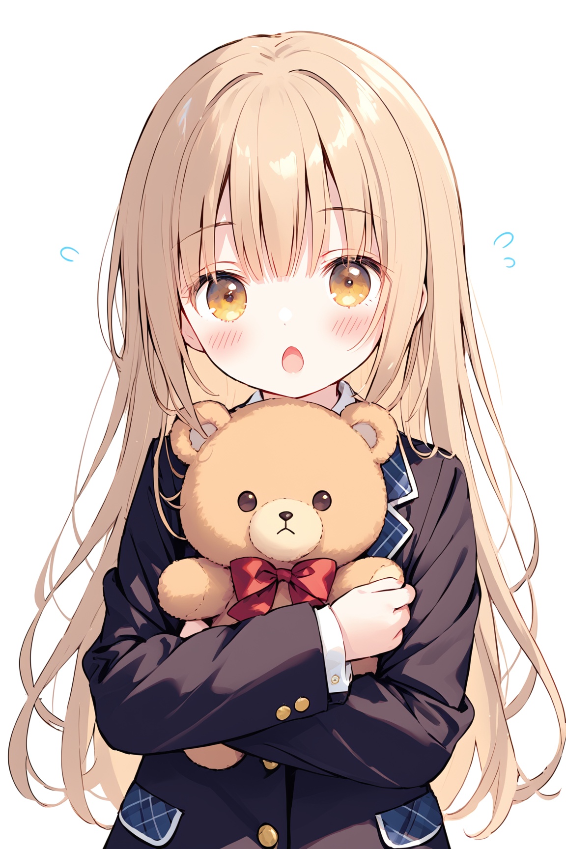 1girl,(loli:1.3),teddy bear,stuffed toy,stuffed animal,solo,long hair,looking at viewer,bow,food,brown eyes,blush,upper body,open mouth,bangs,school uniform,jacket,doughnut,object hug,bowtie,flying sweatdrops,blazer,jewelry,holding,black jacket,white background,brown hair,shirt,ring,blue bow,red bow,blonde hair,red bowtie,long sleeves,simple background,holding stuffed toy,:o,white shirt,collared shirt,head tilt,doll hug,light brown hair,very long hair,yellow eyes,plaid,,,<lora:YoRHa 1.3-000030:0.5>,