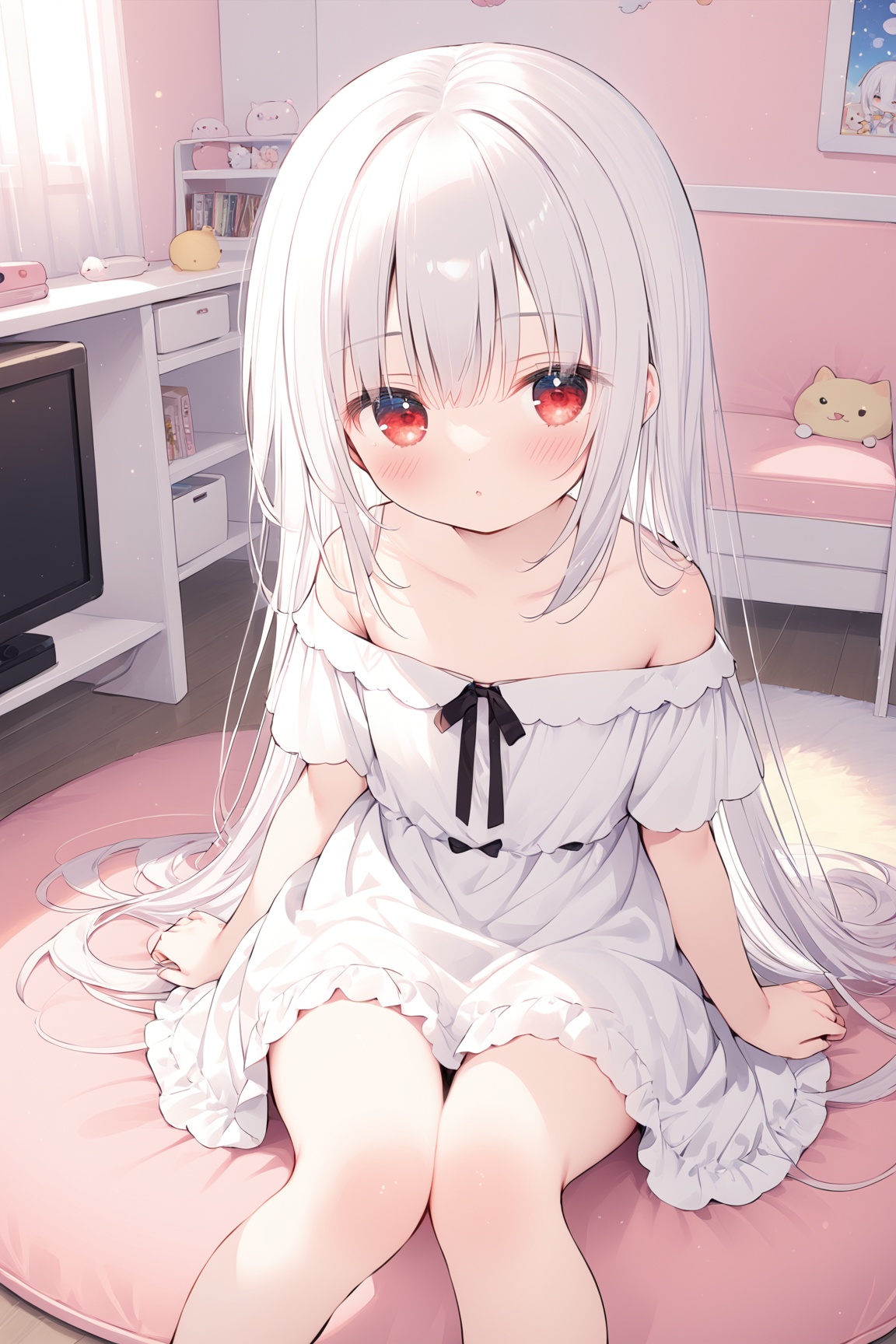 (masterpiece),(best quality)1girl,loli,student,petite,white hair,long hair,straight_hair,otaku room,white-off-shoulder_dress,red eyes,knees_together_feet_apart,,<lora:YoRHa 1.3-000030:0.5>,