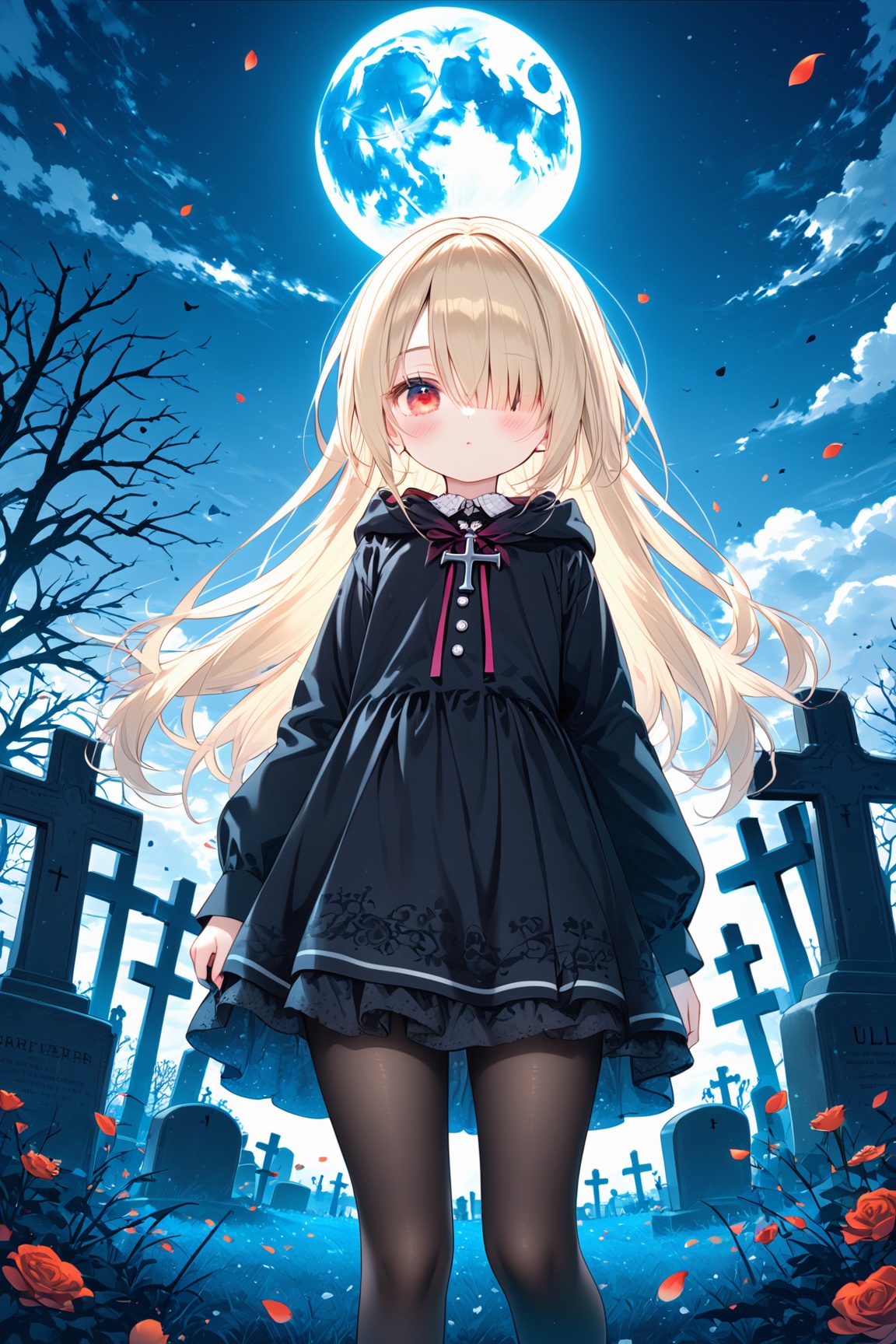 (masterpiece),(best quality),illustration,ultra detailed,hdr,Depth of field,(colorful),loli,1girl,graveyard,solo,long hair,red eyes,tree,cross,tombstone,bare tree,pantyhose,black pantyhose,dress,hood,cloud,hair over one eye,petals,outdoors,cloudy sky,blonde hair,moon,sky,<lora:YoRHa 1.3-000030:0.5>,