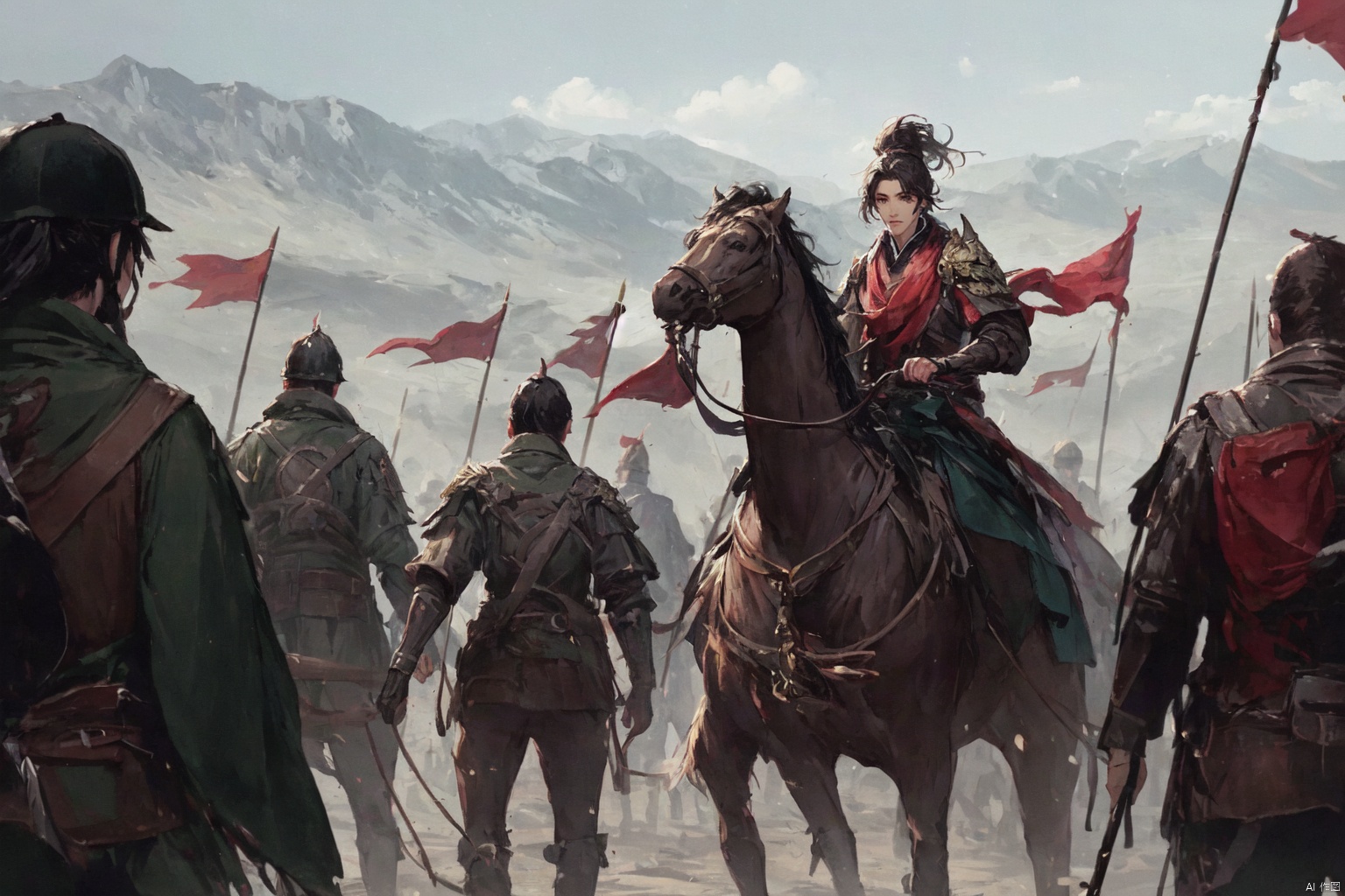 镜头质量：Bestquality,8k,(((masterpiece))),((bestquality)),
镜头位置：,solo,
人物：
环境背景：
图像风格：
提示词：, , XYNM JJBZ_ride on a horse_battlefield