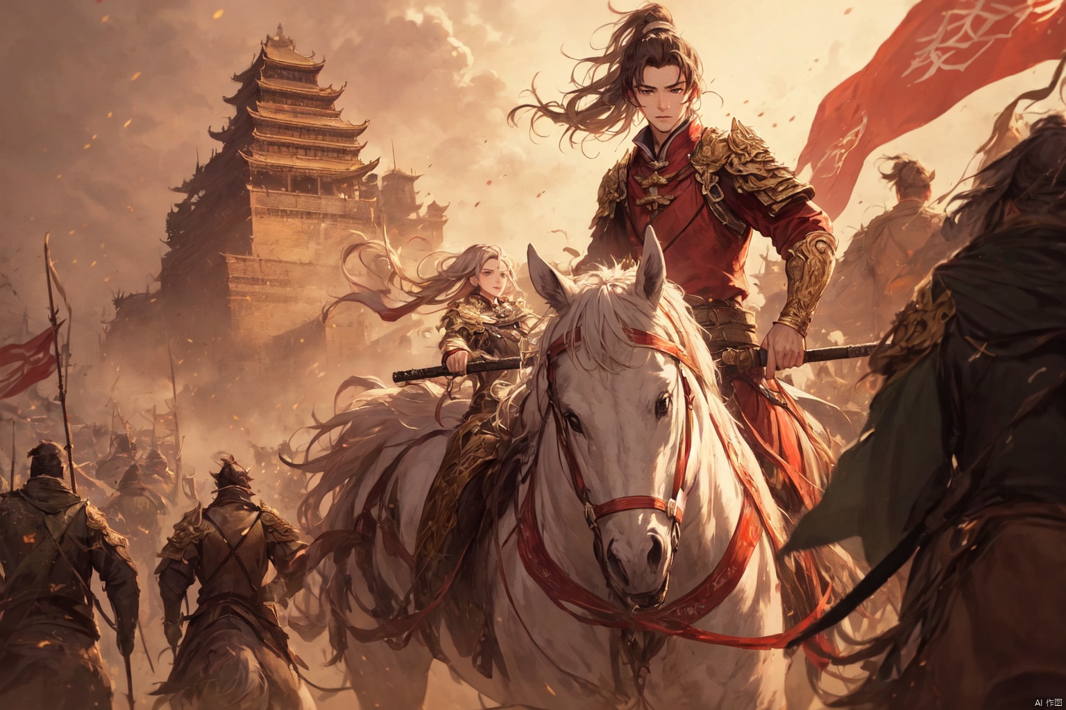 镜头质量：Bestquality,8k,(((masterpiece))),((bestquality)),
镜头位置：,solo,
人物：
环境背景：
图像风格：
提示词：, , XYNM JJBZ_ride on a horse_battlefield