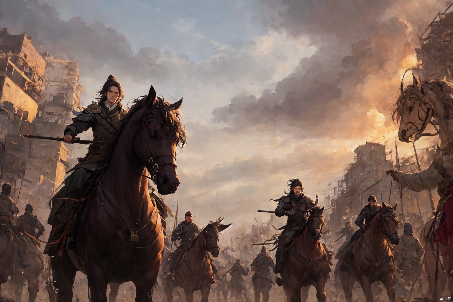 镜头质量：Bestquality,8k,(((masterpiece))),((bestquality)),
镜头位置：,solo,
人物：
环境背景：
图像风格：
提示词：, , XYNM JJBZ_ride on a horse_battlefield