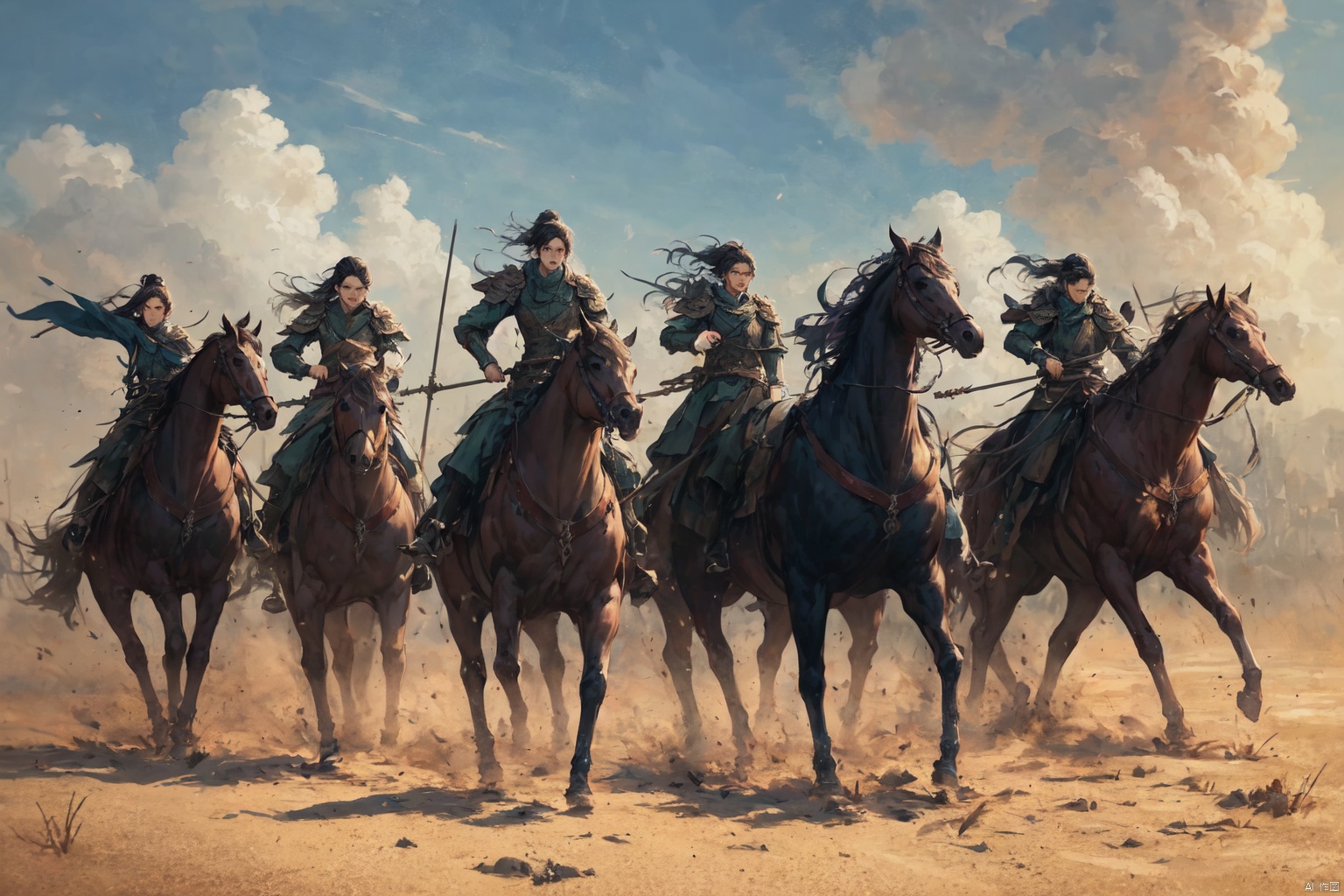 镜头质量：Bestquality,8k,(((masterpiece))),((bestquality)),
镜头位置：,solo,
人物：
环境背景：
图像风格：
提示词：, , XYNM JJBZ_ride on a horse_battlefield