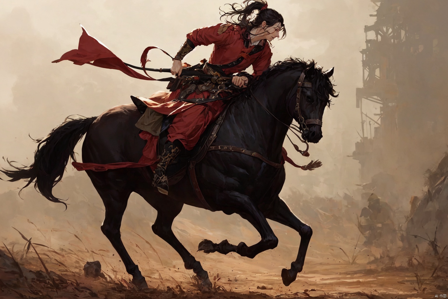 镜头质量：Bestquality,8k,(((masterpiece))),((bestquality)),
镜头位置：,solo,
人物：
环境背景：
图像风格：
提示词：, , XYNM JJBZ_ride on a horse_battlefield