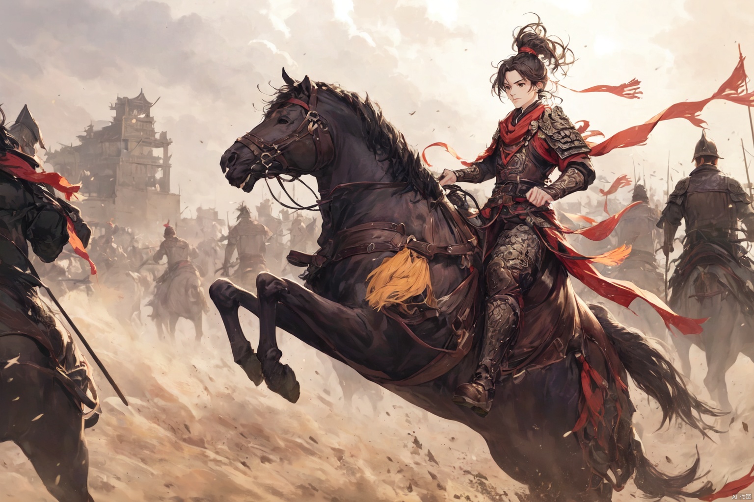 镜头质量：Bestquality,8k,(((masterpiece))),((bestquality)),
镜头位置：,solo,
人物：
环境背景：
图像风格：
提示词：, , XYNM JJBZ_ride on a horse_battlefield