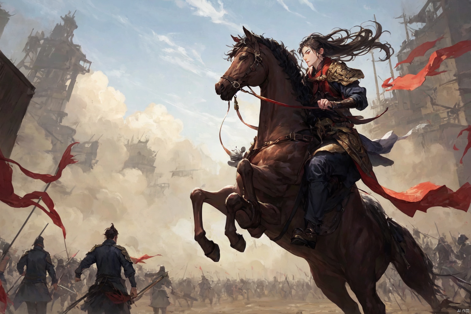 镜头质量：Bestquality,8k,(((masterpiece))),((bestquality)),
镜头位置：,solo,
人物：
环境背景：
图像风格：
提示词：, , XYNM JJBZ_ride on a horse_battlefield