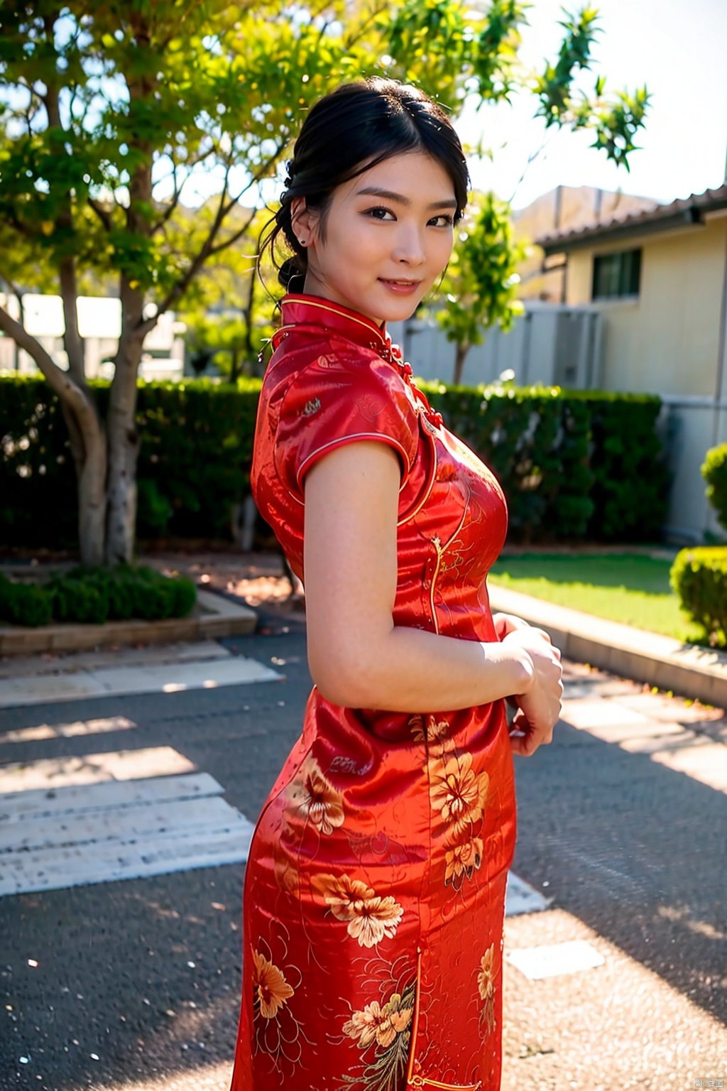 (global illumination, reality,ray tracing, HDR, unreal rendering, reasonable design, high detail, masterpiece,best quality, ultra high definition, movie lighting),
1girl,outdoor,looking_at_viewer,side_blunt_bangs,china_dress,chinese_style,big breasts,pose,solo,1girl,black hair,black eyes, , ring, cheongsam