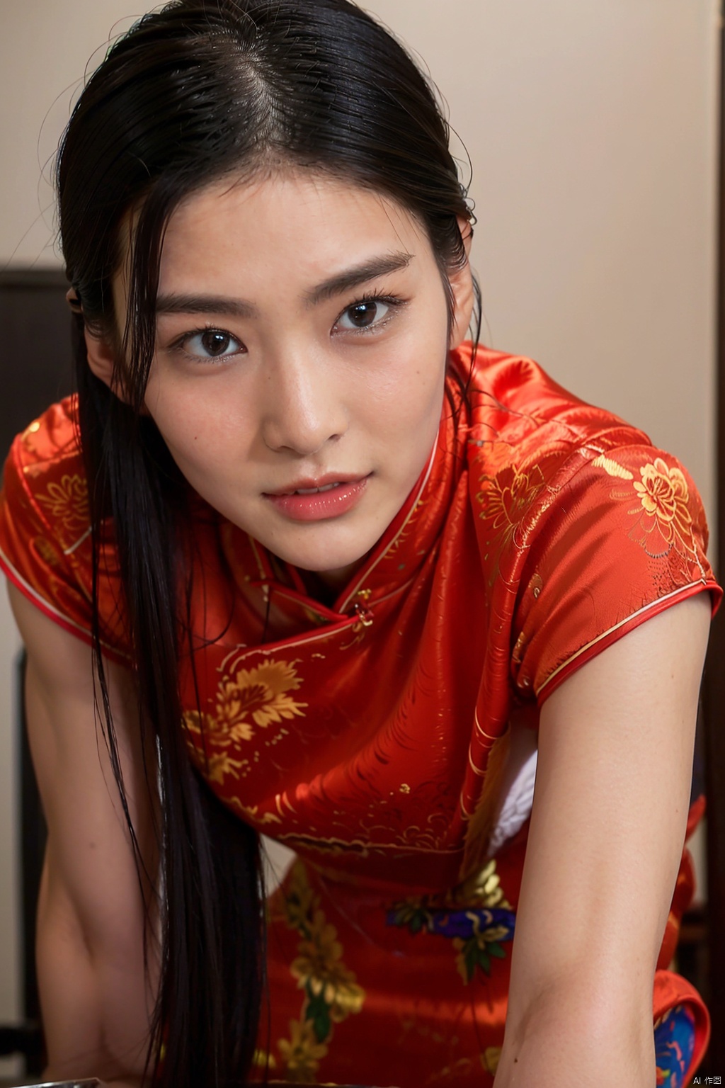 (1girl:1.3),(best quality, masterpiece, ultra-high resolution, 4K, HDR, UHD, 64K, official art), (photorealistic:1.3), (realistic:1.3), depth of field, (portrait:1.3),(sfw:1.4),,china_dress,chinese_style,big breasts,pose,solo,1girl,black hair,black eyes, , ring, cheongsam