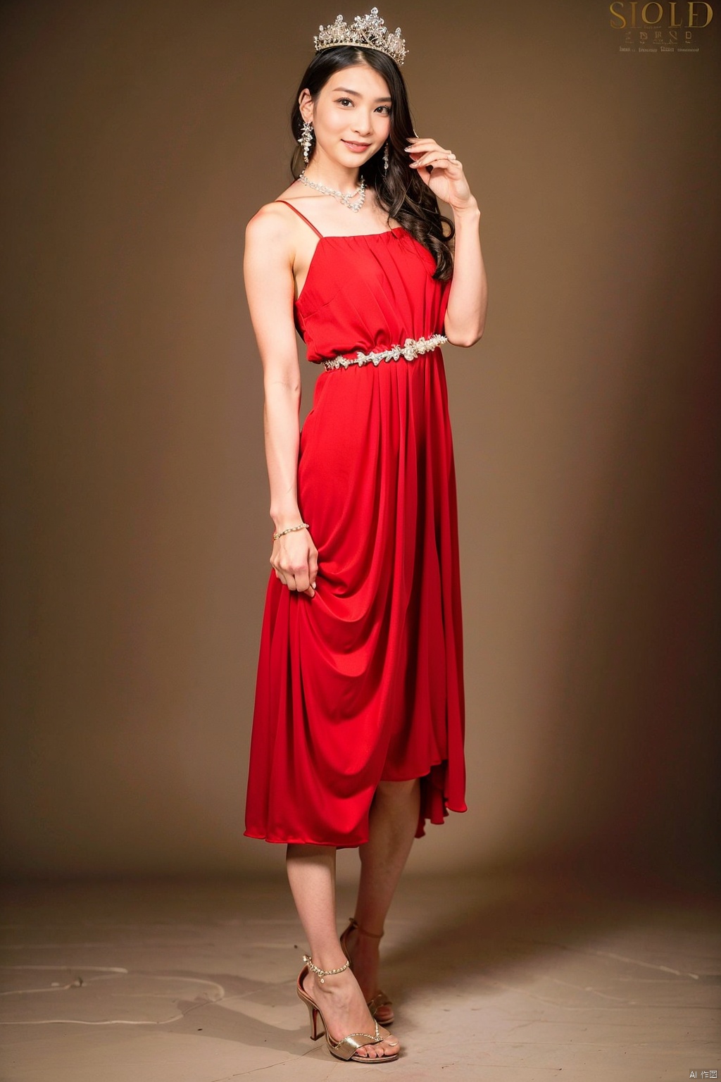 1girl, solo, dress, jewelry, necklace, brown hair, red dress, pearl necklace, tiara, brown eyes, full body, standing, simple background, looking at viewer, skirt hold, nail polish, smile, high heels, earrings, sleeveless, sandals, ring