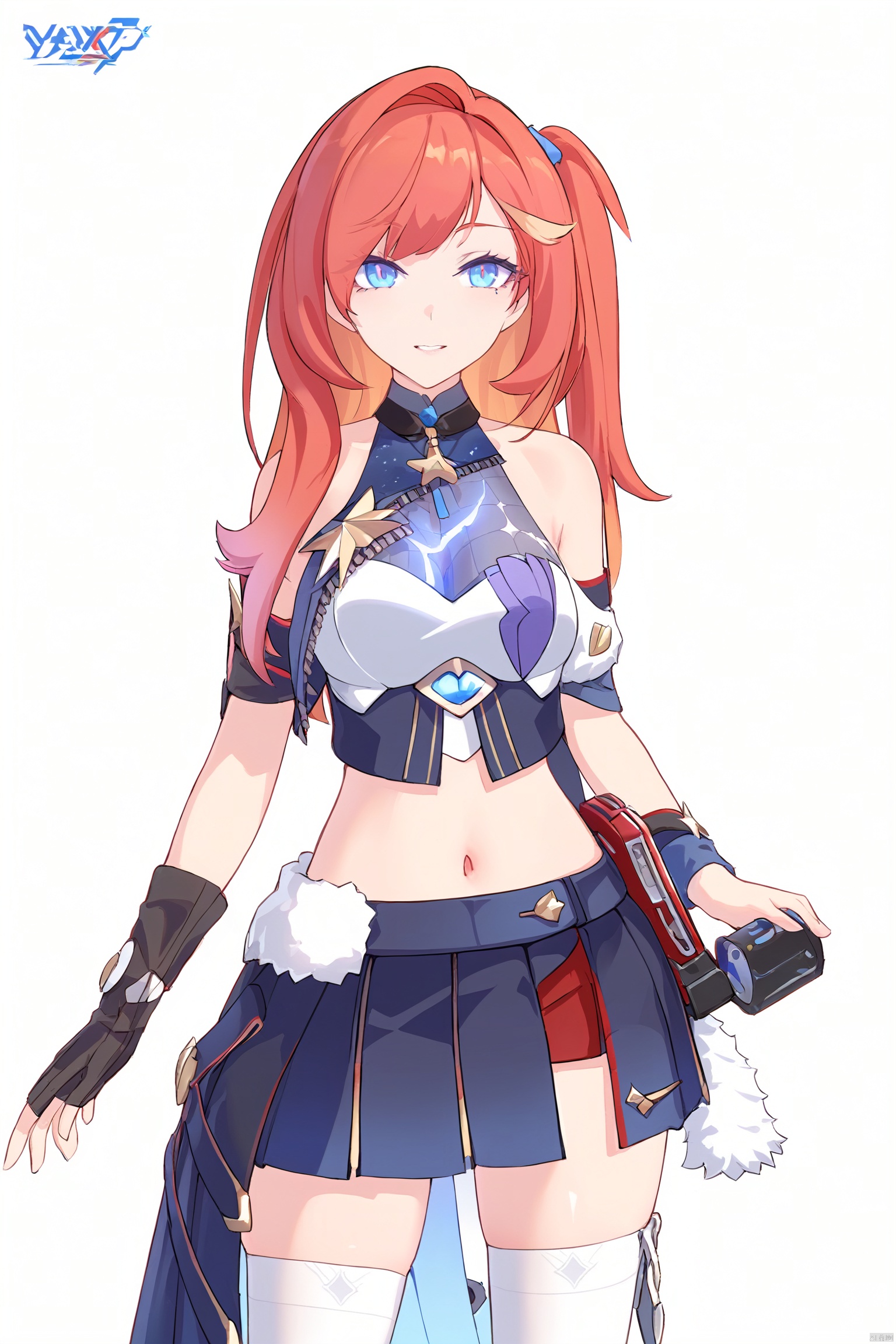  score_9,score_8_up,score_7_up,best quality,masterpiece,source_anime,
---------------------------,
 masterpiece, best quality,1girl, parted lips, solo,  eyelashes , closeup,
------------------------------,

--------------------------,
xndy,1girl,blue eyes,navel,long hair,white thighhighs,midriff,crop top,skirt,singleglove,
(white background:1.2),