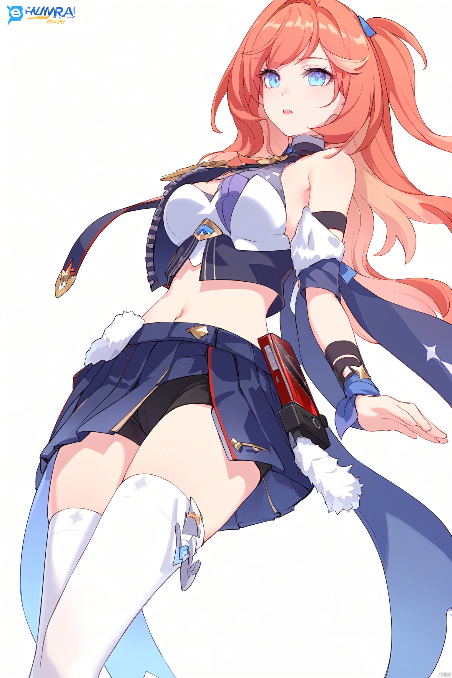  score_9,score_8_up,score_7_up,best quality,masterpiece,source_anime,
---------------------------,
 masterpiece, best quality,1girl, parted lips, solo,  eyelashes , closeup,
------------------------------,
cowboy shot,dynamic angle,from below,intense angle ,dutch angle,wide shot,floating,lens 135mm,f1.8,
--------------------------,
xndy,1girl,blue eyes,navel,long hair,white thighhighs,midriff,crop top,skirt,singleglove,
(white background:1.2),
