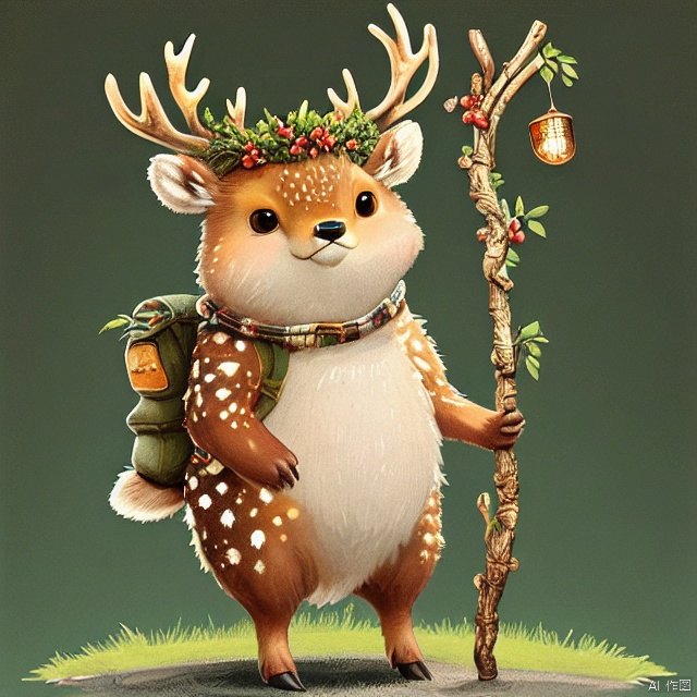 masterpiece,best quality,polulu,deer,smile,jump,holding a branch in hand,