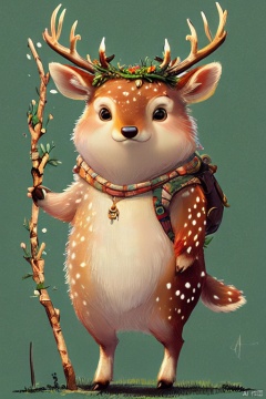 masterpiece,best quality,polulu,deer,smile,jump,holding a branch in hand,