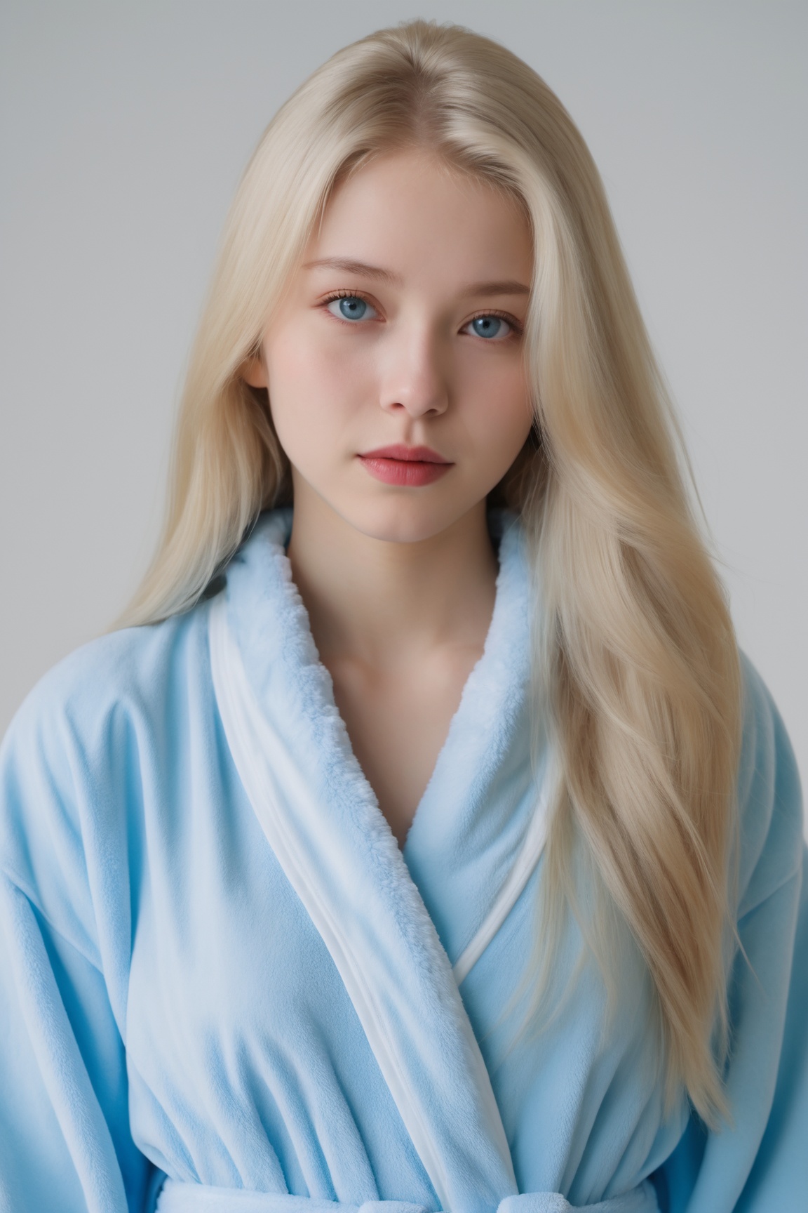 A beautiful woman with blond hair and blue eyes in a bathrobe looks emotionally into the camera. She has star-like looks....