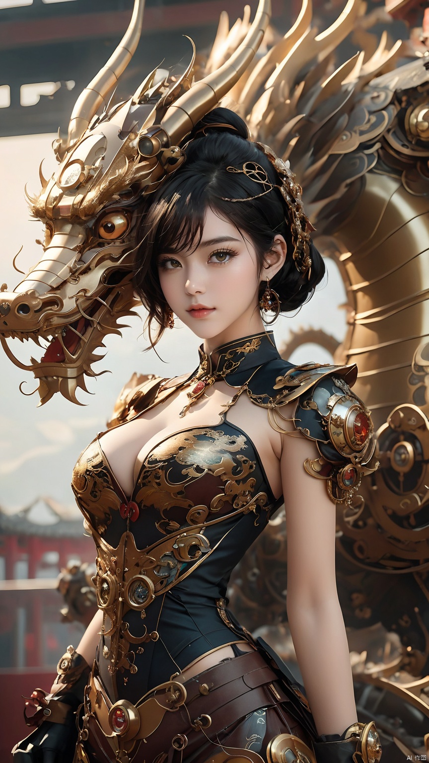 Complex mechanical structure of the Chinese dragon,Steampunk,Machinery Chinese Loong,1girl,breasts,cleavage,fantasy,details,strapless ,Slightly sideways, upper body, above buttocks, looking at the camera,armor,Precision structure,jewelry,lips,looking at viewer,medium breasts,short hair,upper body