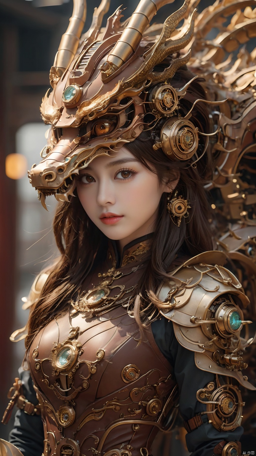Complex mechanical structure of the Chinese dragon,Steampunk,Machinery Chinese Loong,1girl,armor,brown eyes,details,close-up,Looking at the camera,Upper body, above chest,Oblique lateral body,Metal helmet,Precision structure,brown hair,fantasy,lips,long hair,steampunk