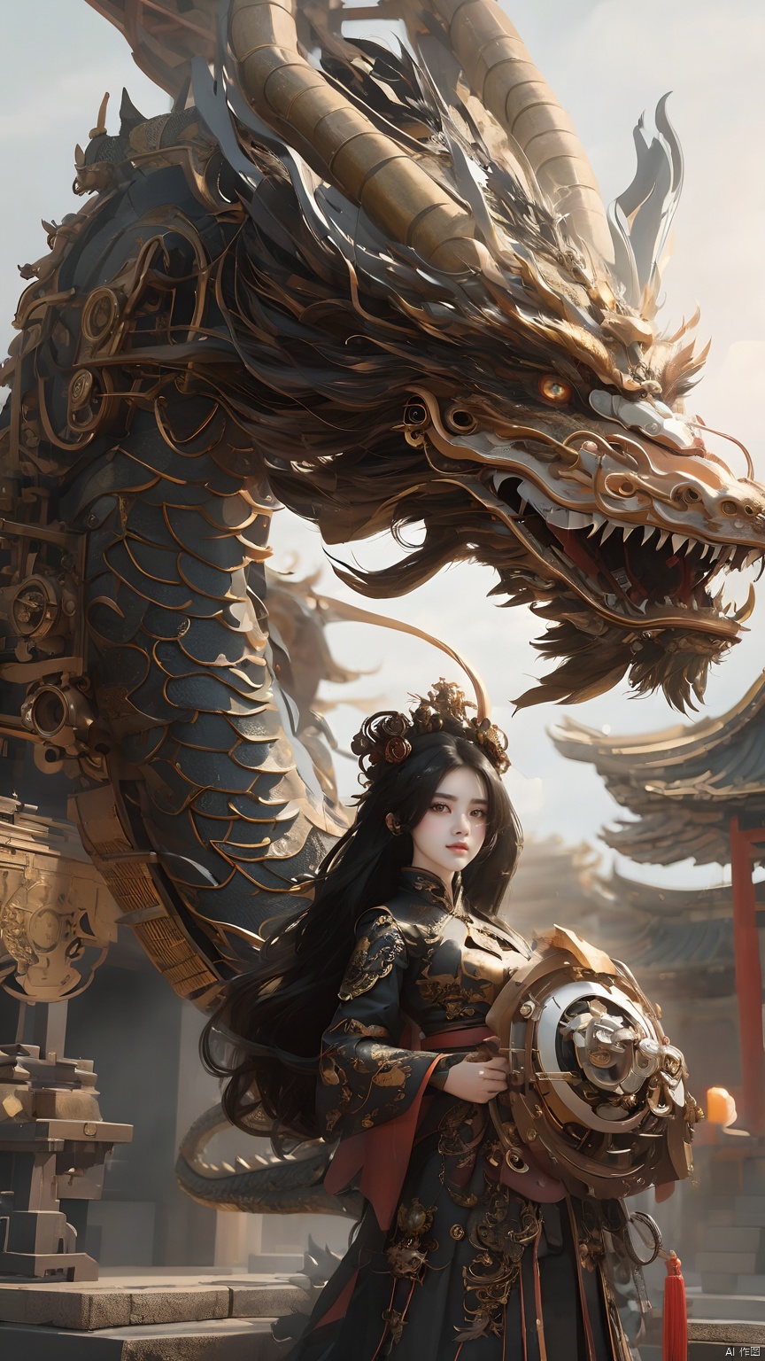 Steampunk,Machinery Chinese dragon,1girl,black hair,dragon,dragon horns,details,The guardrail blocks the girl's feet,Looking at the camera,Mid to Long Range,Hanfu,Precision structure,long hair,open mouth,scales,standing,teeth,very long hair