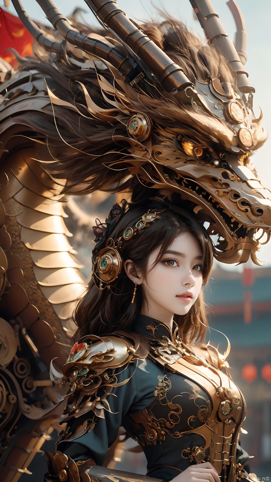 Complex mechanical structure of the Chinese dragon,Steampunk,Machinery Chinese Loong,1girl,armor,brown eyes,details,close-up,Looking at the camera,Upper body, above chest,Oblique lateral body,Metal helmet,Precision structure,brown hair,fantasy,lips,long hair,steampunk