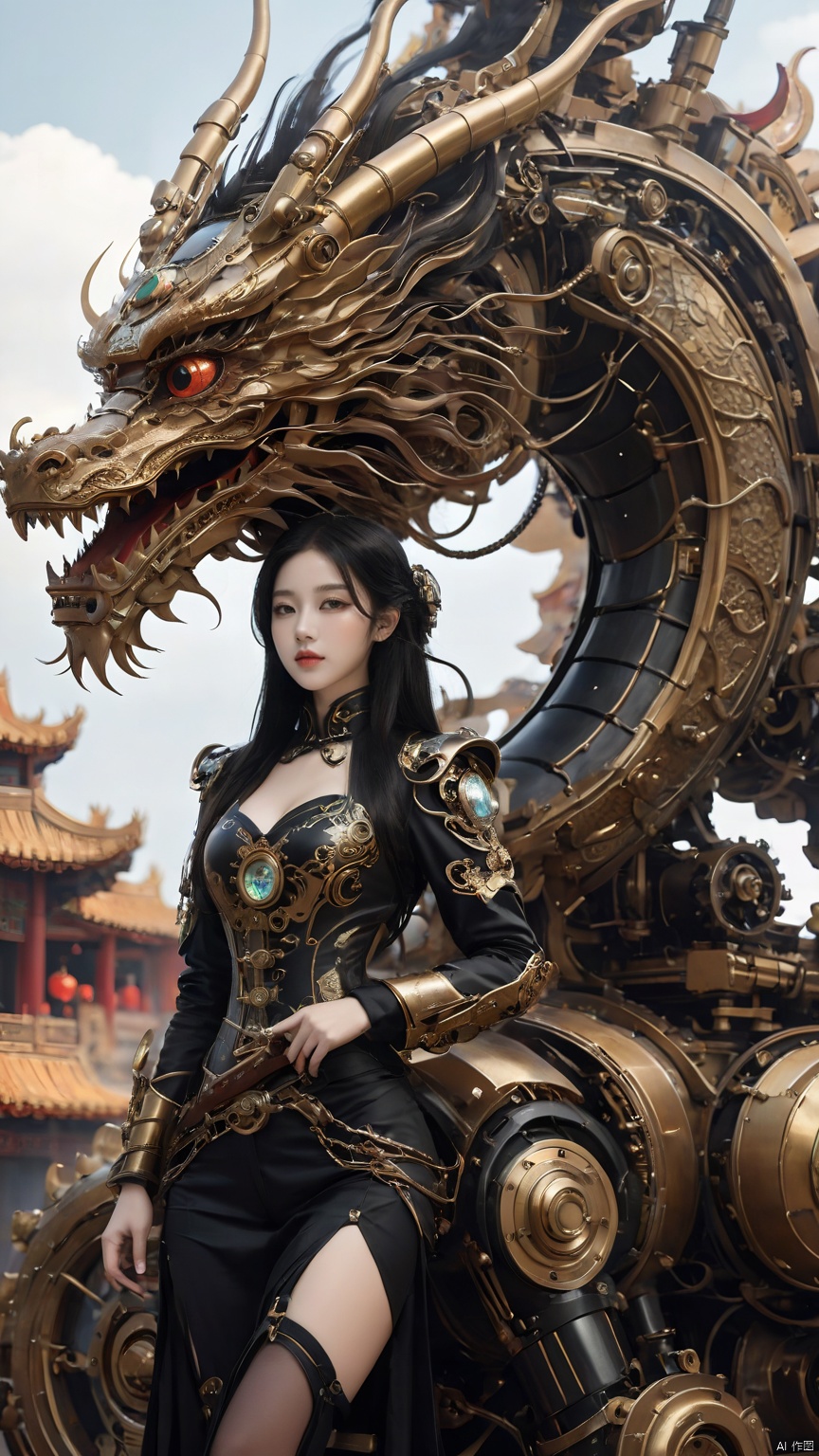 Complex mechanical structure of the Chinese dragon,Steampunk,Machinery Chinese Loong,1girl,armor,Precision structure,Looking at the camera,Chest protective goggles,Precision armor at the knee,Sitting on machinery,details,black hair,lips,long hair,steampunk,weapon, 1girl, Steampunk,Complex mechanical structure of the Chin