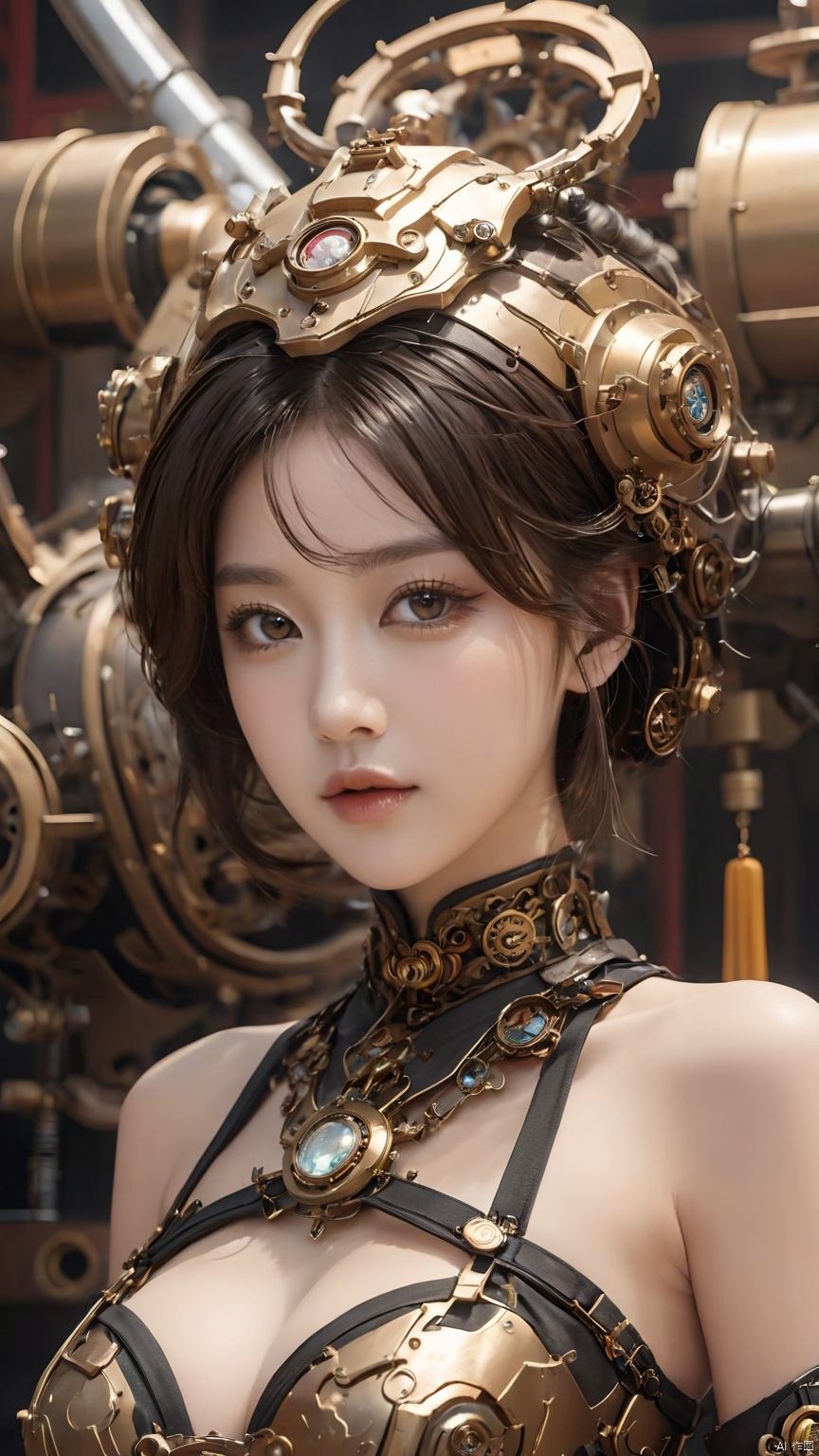 Complex mechanical structure of the Chin,Steampunk,Machinery Chinese Loong,1girl,breasts,cleavage,fantasy,details,strapless ,Slightly sideways, upper body, above buttocks, looking at the camera,armor,Precision structure,jewelry,lips,looking at viewer,medium breasts,short hair,upper body
