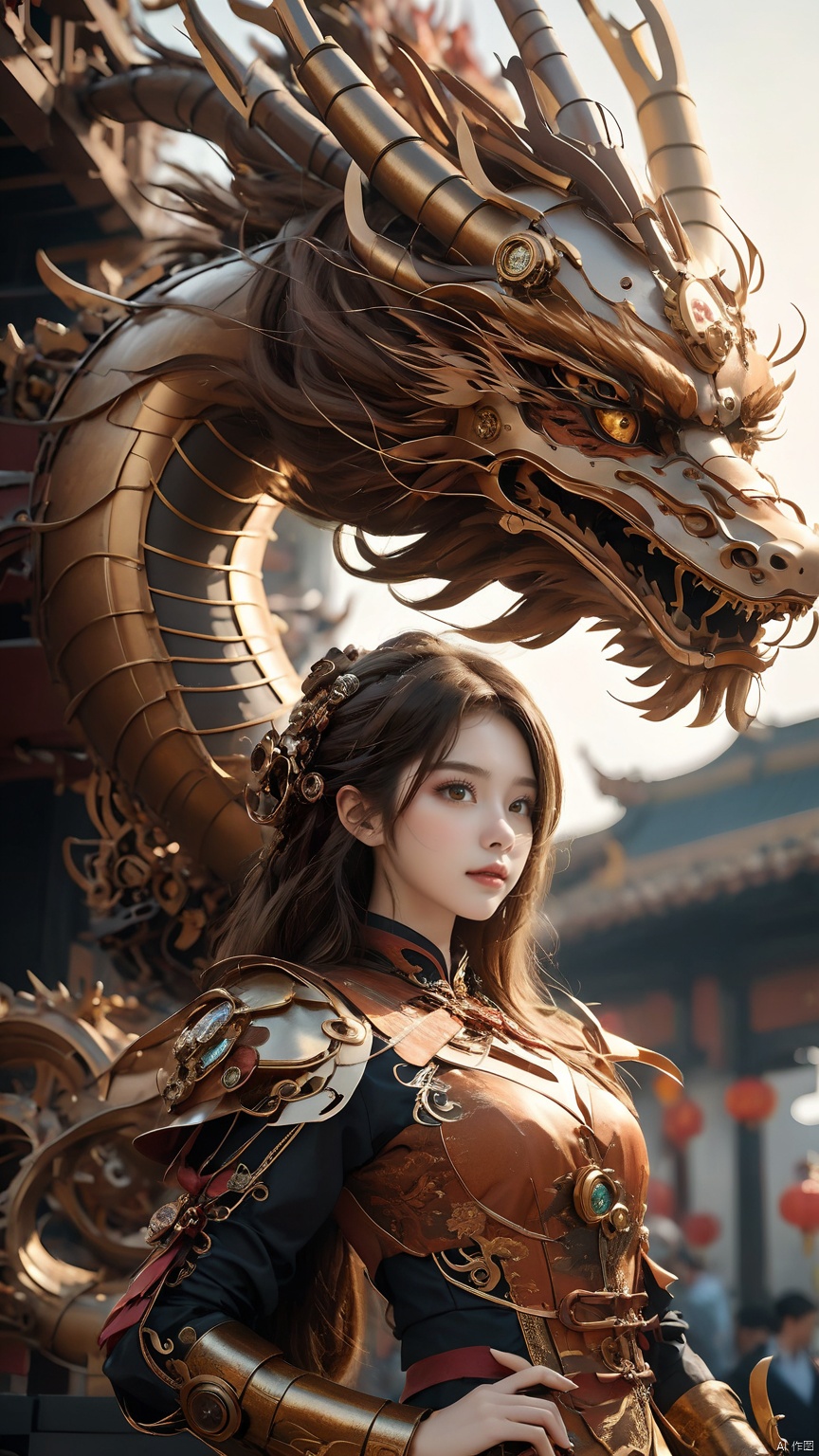 Complex mechanical structure of the Chinese dragon,Steampunk,Machinery Chinese Loong,1girl,armor,brown eyes,details,close-up,Looking at the camera,Upper body, above chest,Oblique lateral body,Metal helmet,Precision structure,brown hair,fantasy,lips,long hair,steampunk