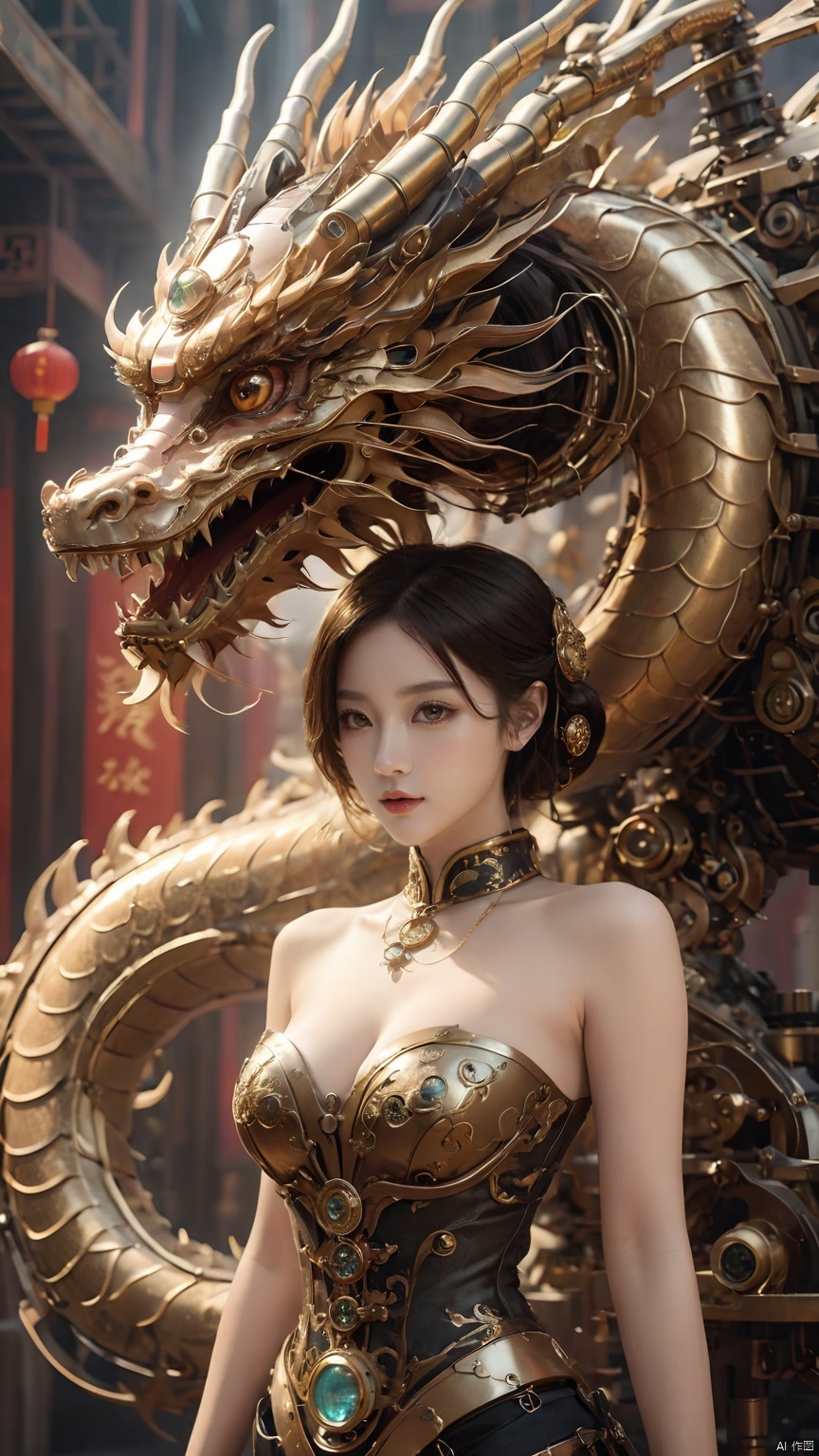 Complex mechanical structure of the Chinese dragon,Steampunk,Machinery Chinese Loong,1girl,breasts,cleavage,fantasy,details,strapless ,Slightly sideways, upper body, above buttocks, looking at the camera,armor,Precision structure,jewelry,lips,looking at viewer,medium breasts,short hair,upper body
