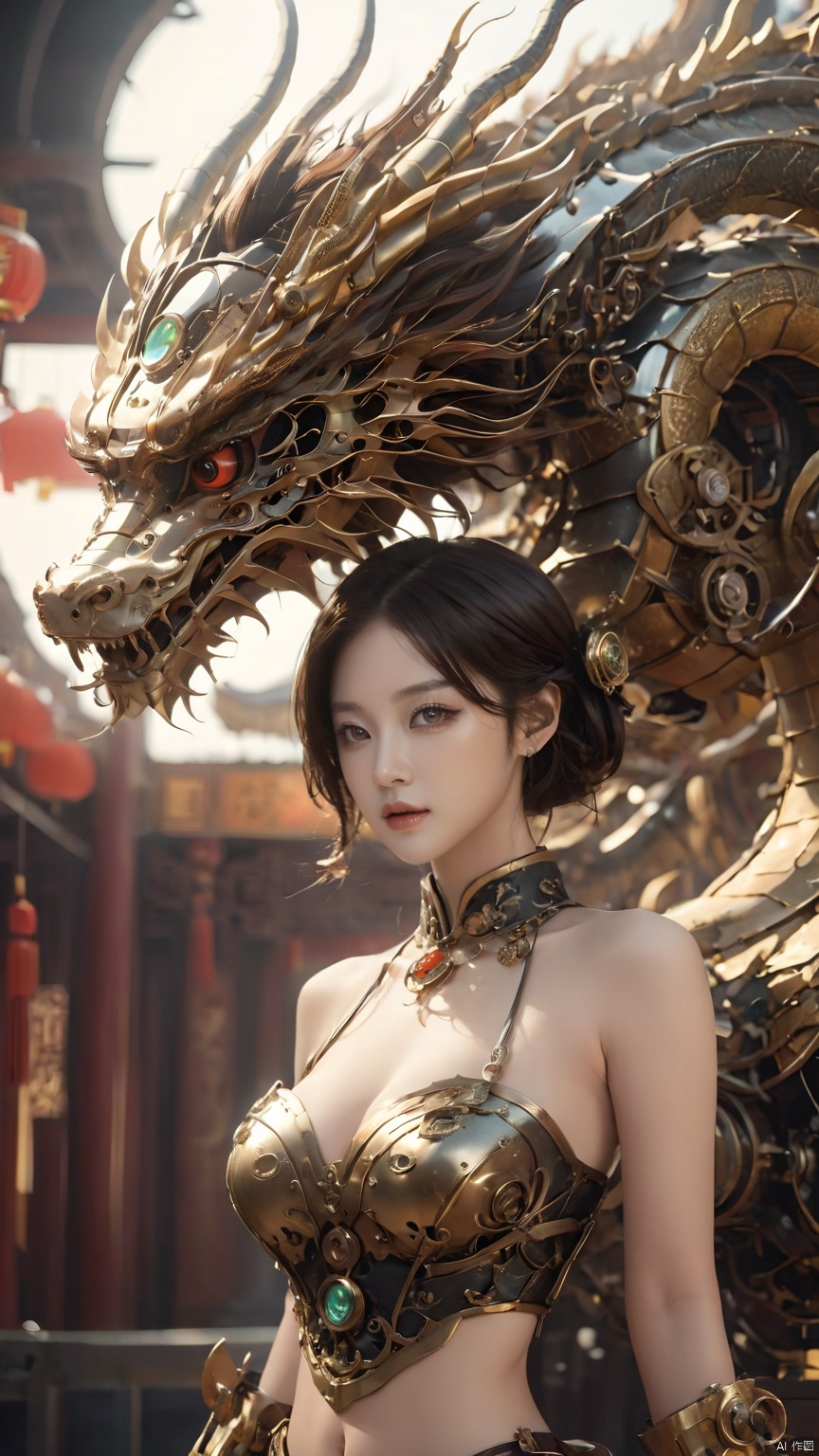 Complex mechanical structure of the Chinese dragon,Steampunk,Machinery Chinese Loong,1girl,breasts,cleavage,fantasy,details,strapless ,Slightly sideways, upper body, above buttocks, looking at the camera,armor,Precision structure,jewelry,lips,looking at viewer,medium breasts,short hair,upper body