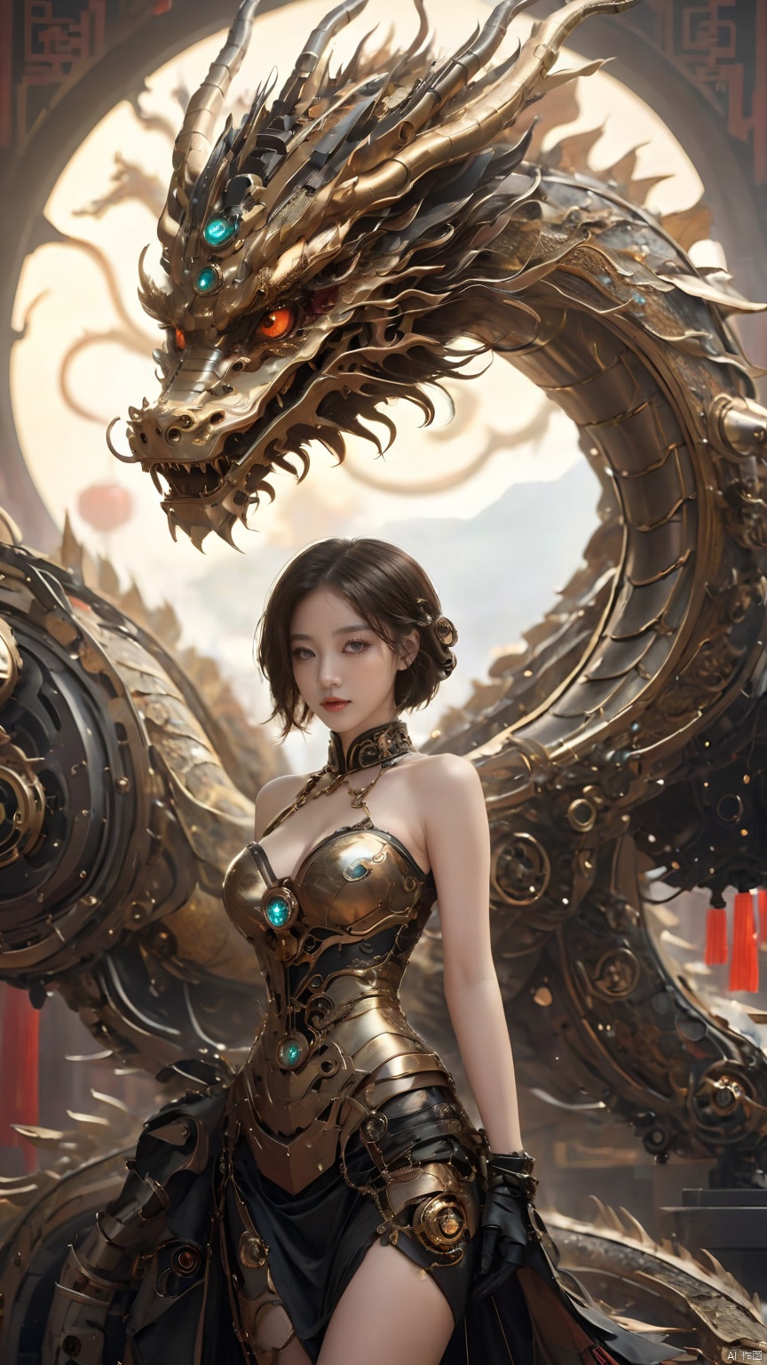 Complex mechanical structure of the Chinese dragon,Steampunk,Machinery Chinese Loong,1girl,breasts,cleavage,fantasy,details,strapless ,Slightly sideways, upper body, above buttocks, looking at the camera,armor,Precision structure,jewelry,lips,looking at viewer,medium breasts,short hair,upper body