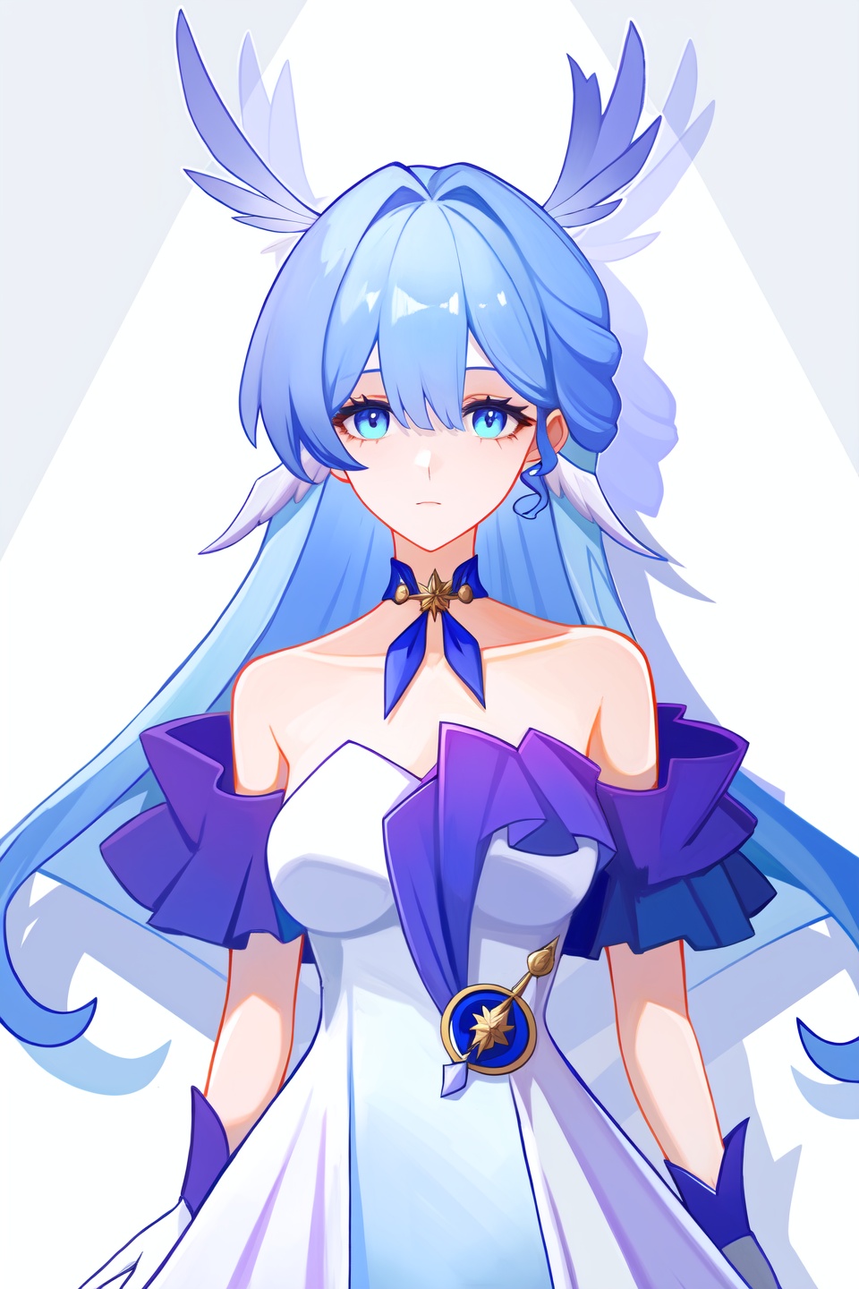 1girl,robin,head wings,strapless dress,white gloves,white dress,purple dress,collarbone,<lora:知更鸟v15:1:lbw=char>,blue hair,<lora:nai3画风bysdlion-000035:0:lbw=paint>,, (masterpiece,best quality,high quality:1.4),absurdres,