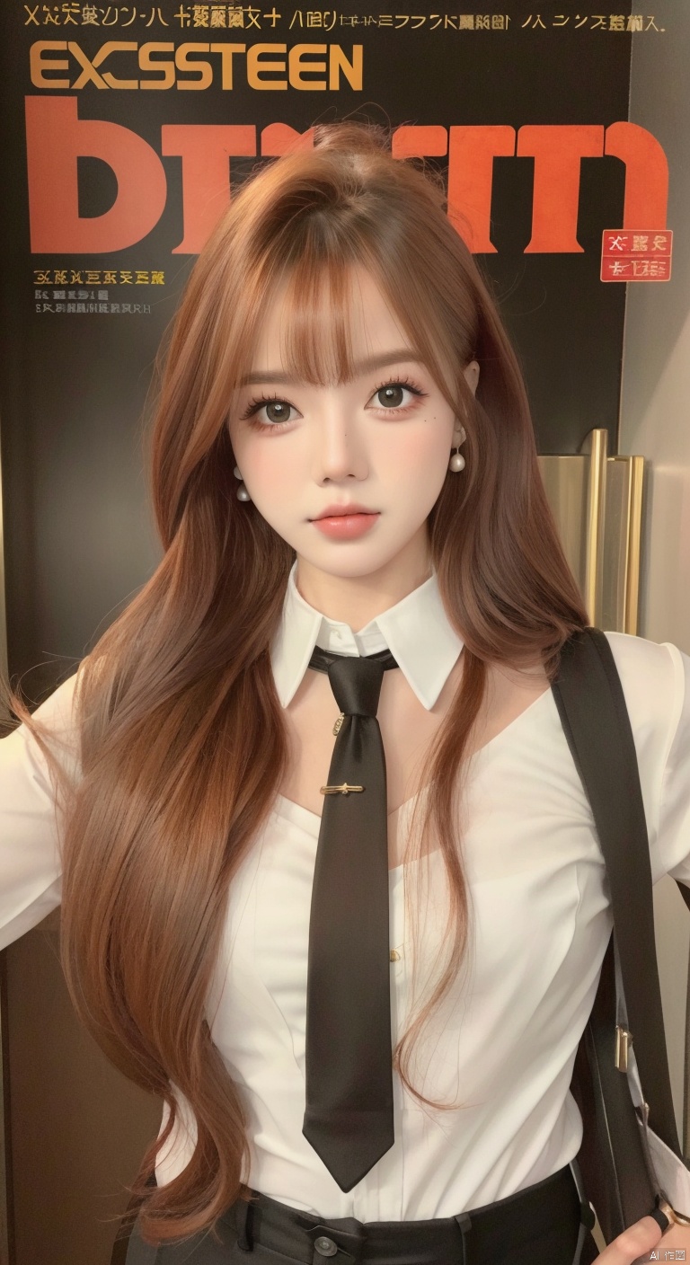 magazine, (cover-style:1.1), fashionable, vibrant, outfit, posing, front, colorful, solo, looking at viewer, shirt,((1girl)), (eastern dragon:1.5),white shirt,necktie, collared shirt, pants, black pants, formal, suit, black necktie, watch, black suit,Visual impact,A shot with tension,(upper body:1.0),cold attitude, Ear stud,tattoo,
