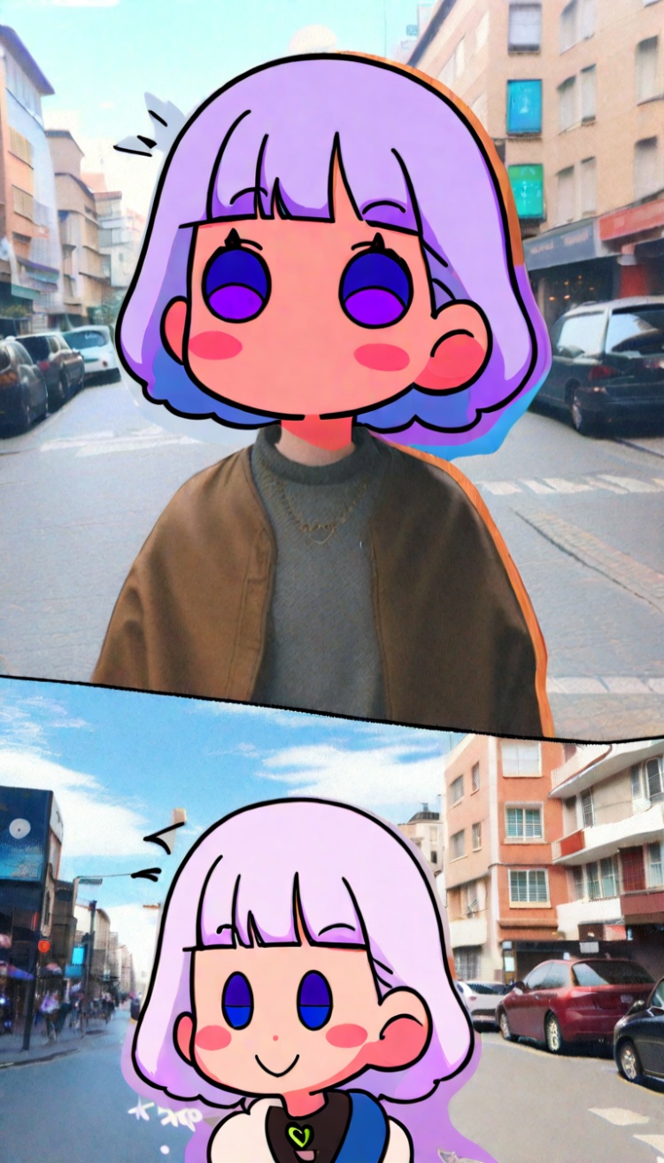 <lora:xl-shanbailing-24-0320Animated Spliced Reality2:0.8>,Animated Spliced Reality,a girl made of anime and reality,anime lines around real girl,photo background,the girl is part reality and part caricature,1girl,(solo:1.5),bangs,white hair,street,city,