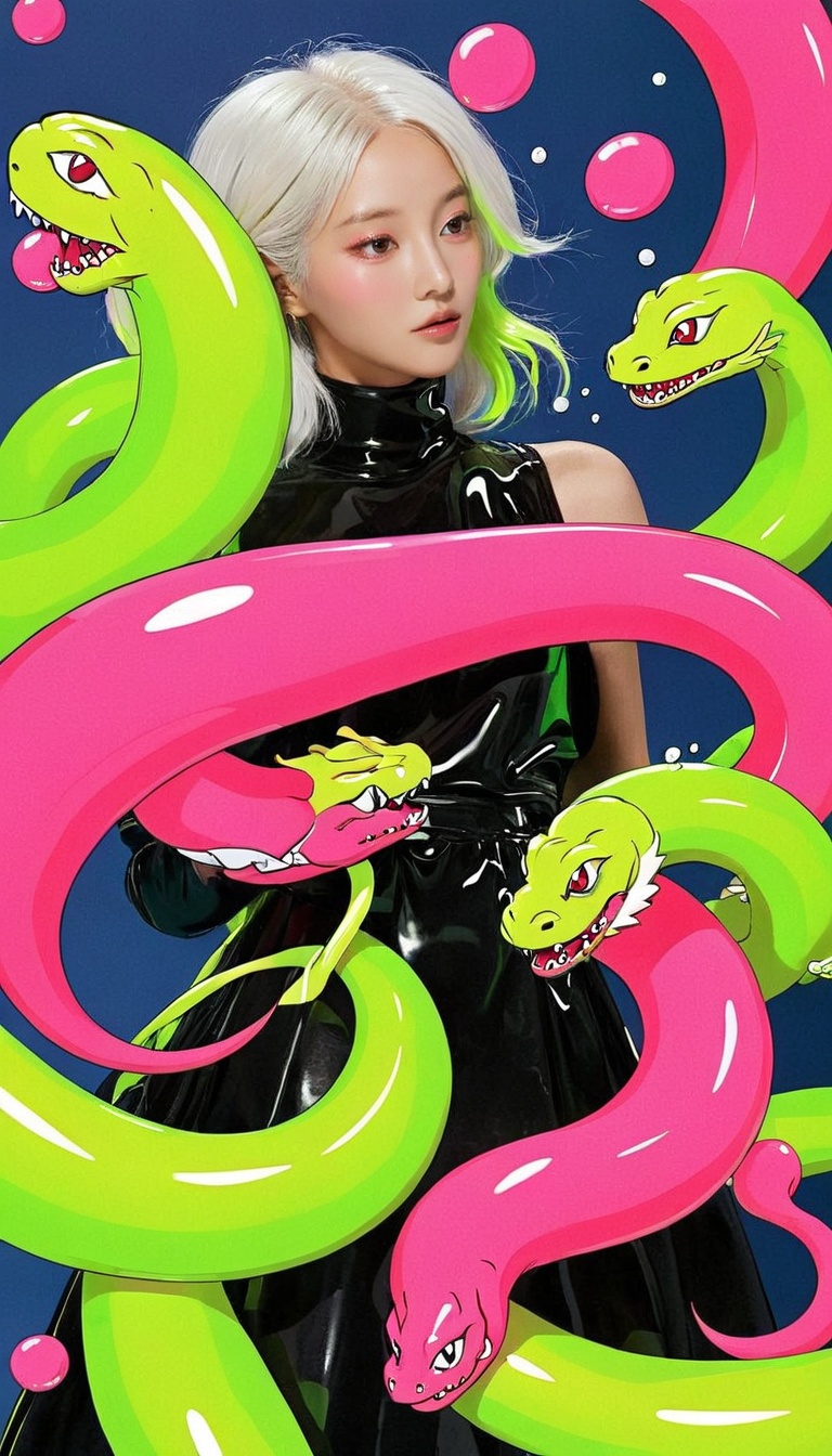 <lora:xl-shanbailing-24-0320Animated Spliced Reality2:0.55>,Animated Spliced Reality,Snkmn,snakemen make natural alchemists dur to venom knowledge,neon pink and lime flasks spew a poisonous toxic cloud,black,salmon,twirl,white hair,1girl,