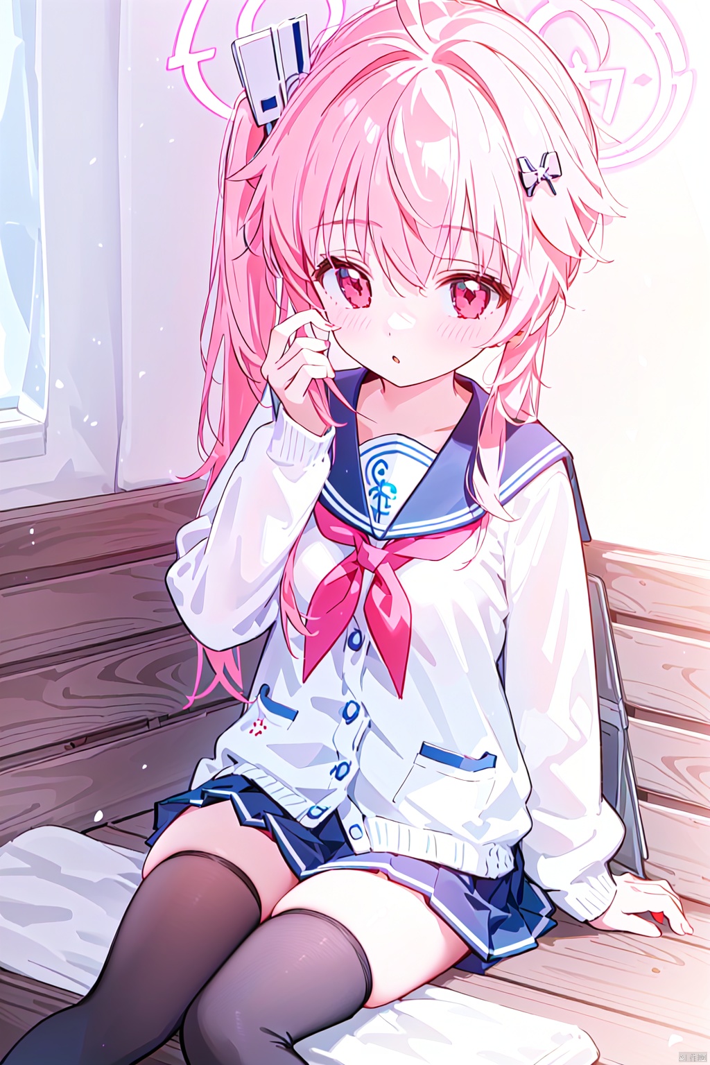  1girl,(masterpiece:1.3),( beautiful:1.2),(high quality:1.2),(finely detailed:1.2),extremely detailed CG unity 8k wallpaper,best quality,a very delicate and beautiful,perfect fingers,(one cute girl at the center:1.2),
 long hair, bangs, skirt, hair ornament, red eyes, thighhighs, long sleeves, school uniform, weapon, pink hair, ahoge, pleated skirt, serafuku, black thighhighs, sailor collar, side ponytail, zettai ryouiki, neckerchief, halo, cardigan, red neckerchief,nastuBA,