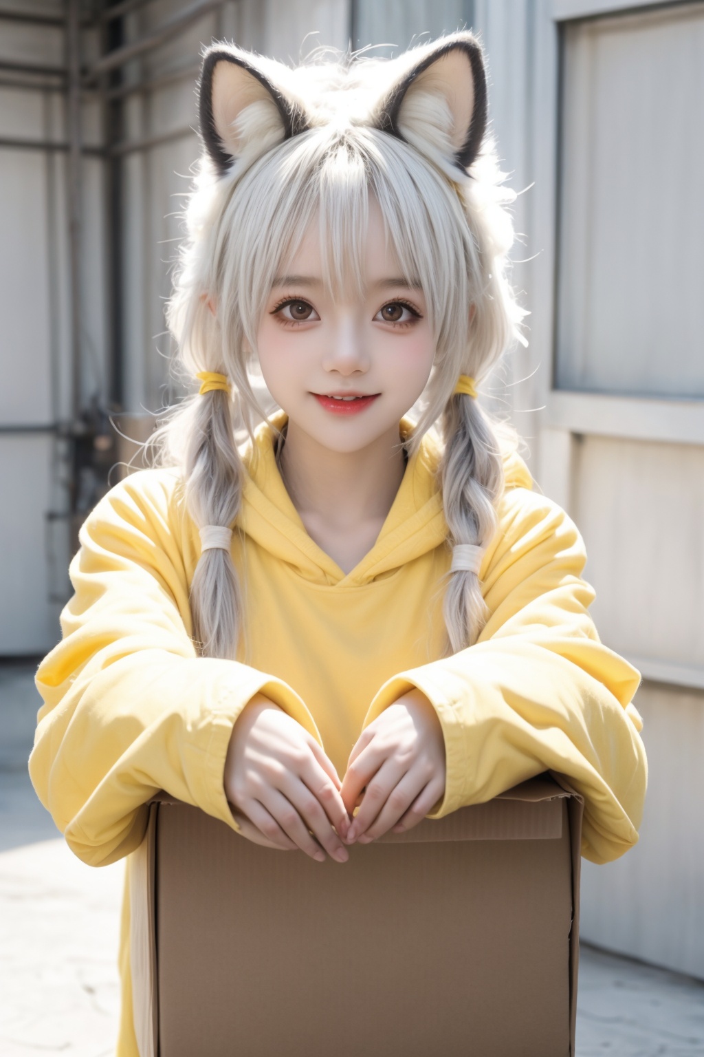 [(white background:1.4)::5],//,box,in container,cardboard box,in box,//,(solo:1.2),1girl,loli,little girl,smile,open mouth,black eyes,slit pupils,white hair,low twintails,cat ears,full body,(yellow animal costume:1.2),hood up,