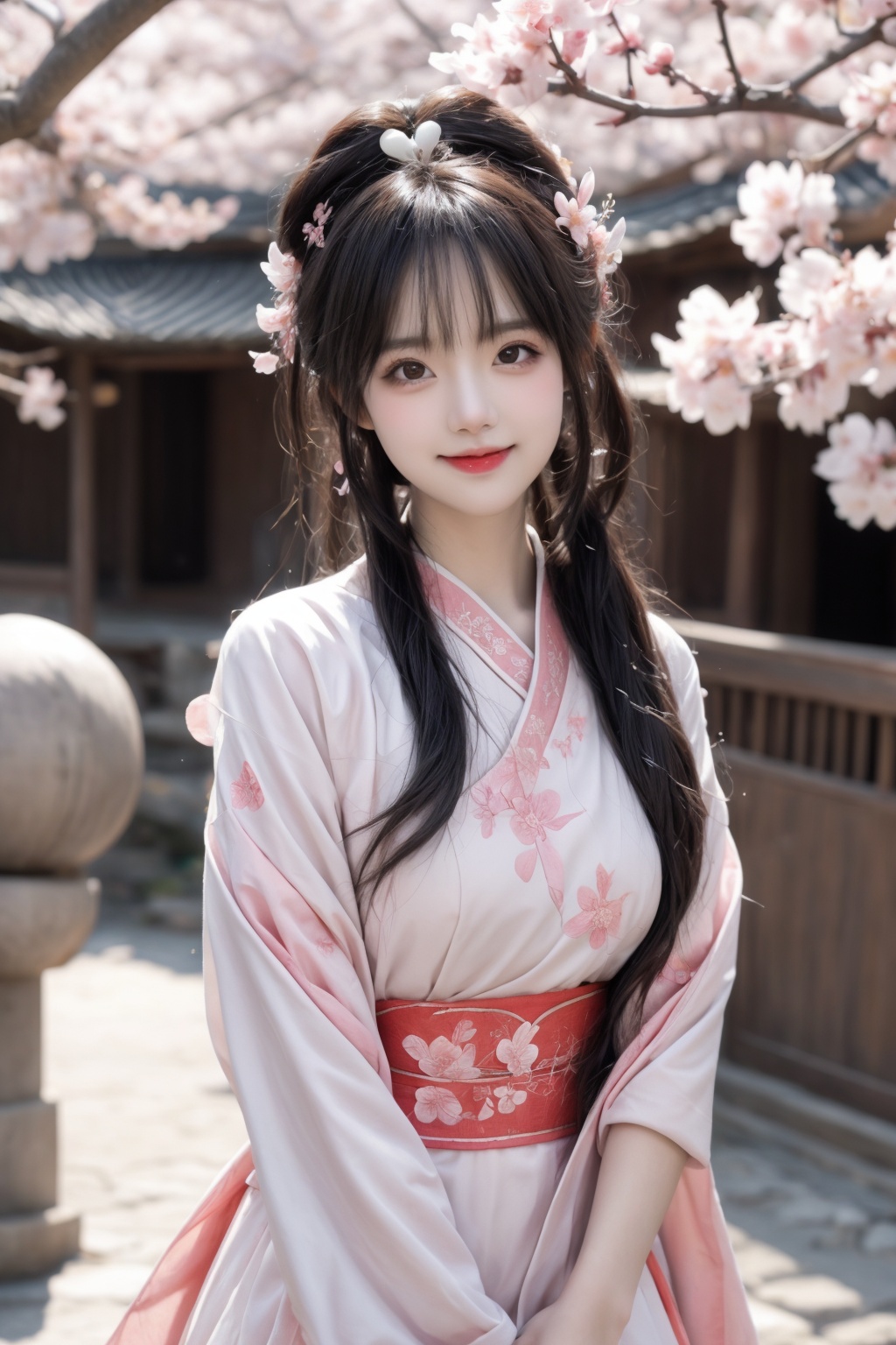 (highres), (ultra detailed:1.3), (colorful), (Sharp focus), (Outline emphasises:1.15), (pictorial:1.5), absurd, March 18, Imperial era 2684, Cherry blossoms, in full bloom, female samurai cosplay, masterpiece, best quality, intricate costume, cherry blossom pattern, scar over one eye, bioluminescence: 1.5 (cherry blossom), in cherry blossom tree, gravure pose, smiling,shine colorful,